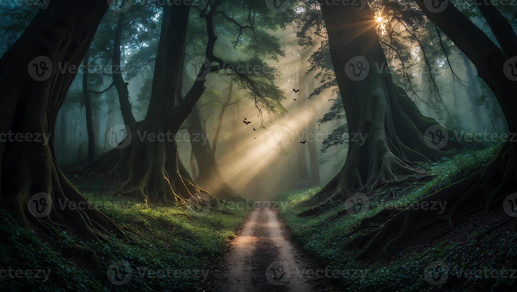 Walking Along a Path in a Forest with Sunlight and Fog photo