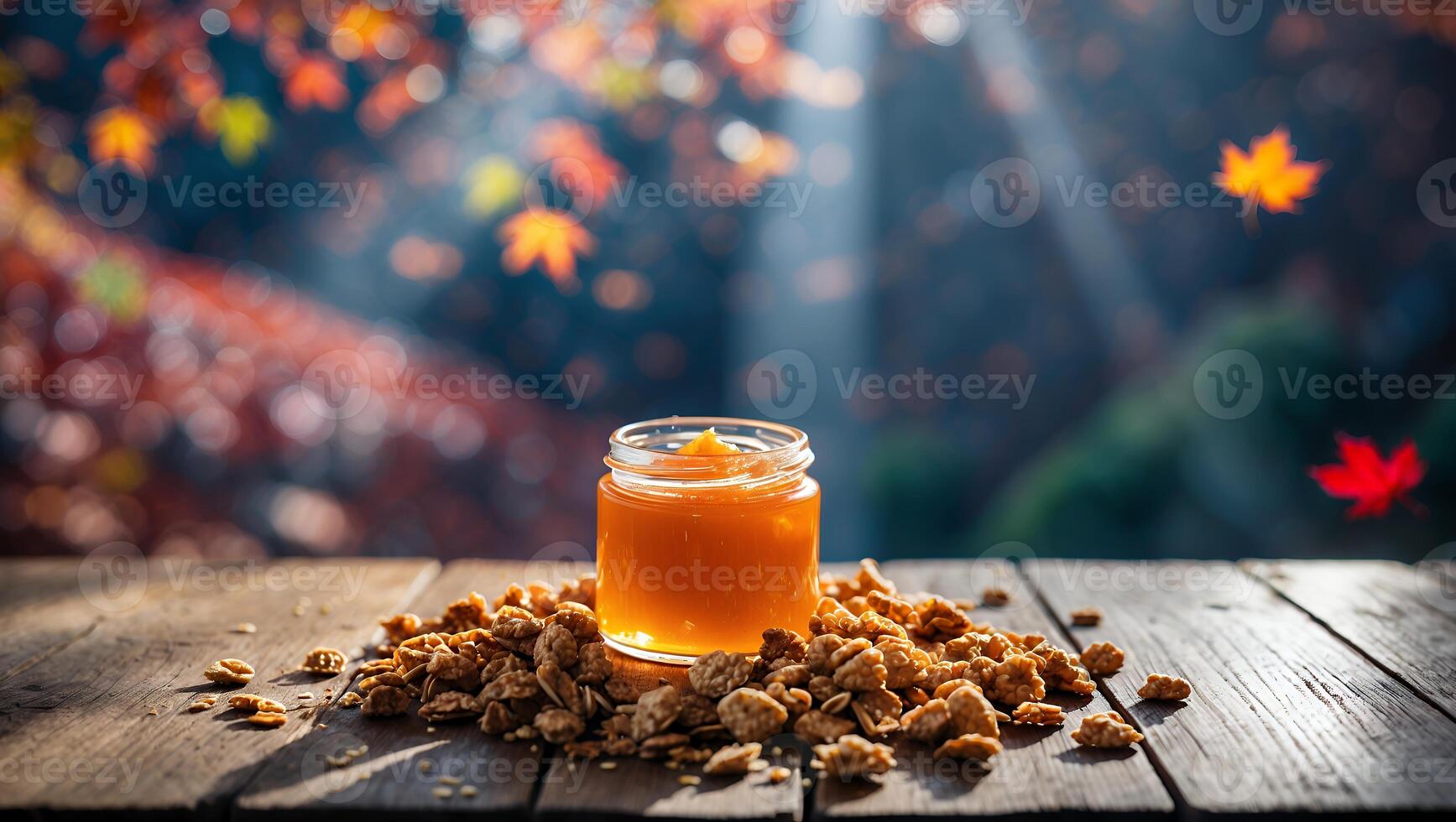 Jar of Orange Spread with Granola on a Rustic Wood Table photo
