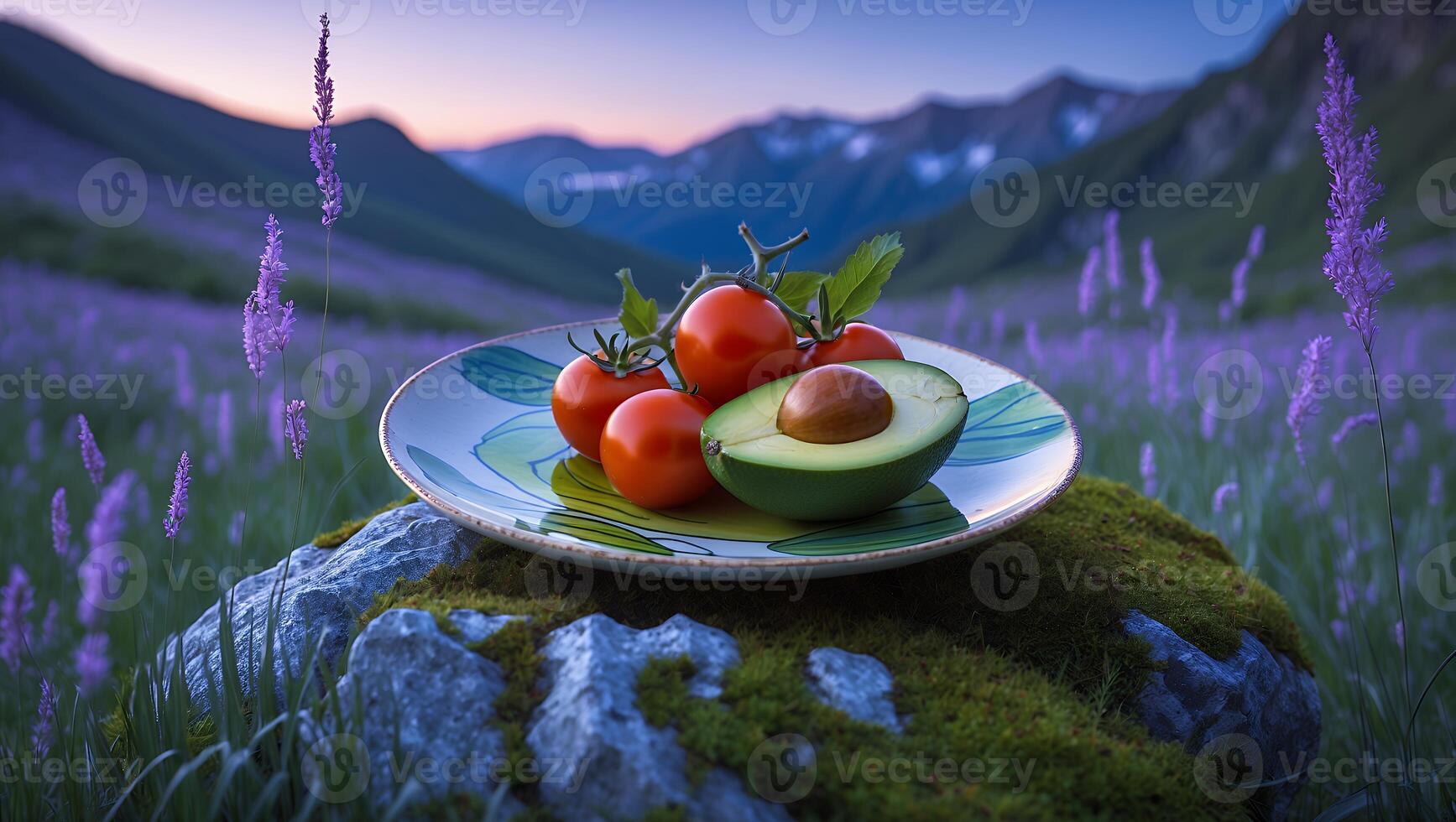 Enjoying Fresh Avocado and Tomatoes on a Plate in Nature Setting photo