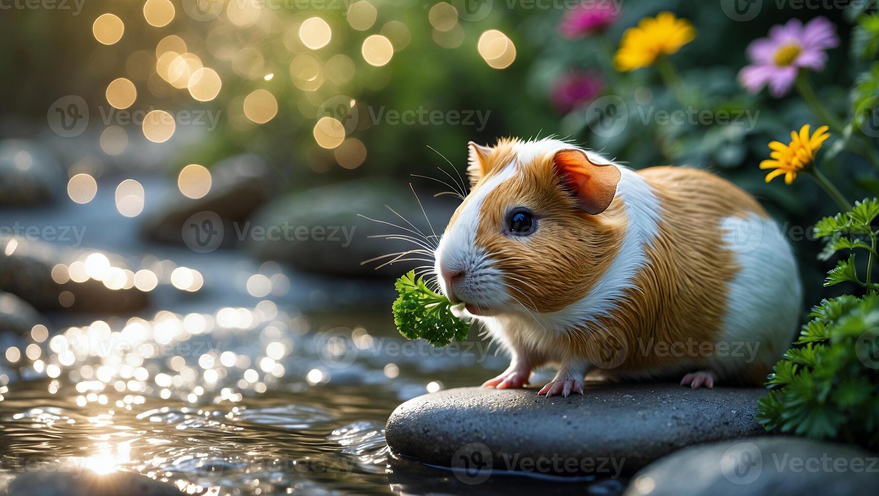 Guinea Pig Eating Parsley Near Water and Flowers Outdoors photo