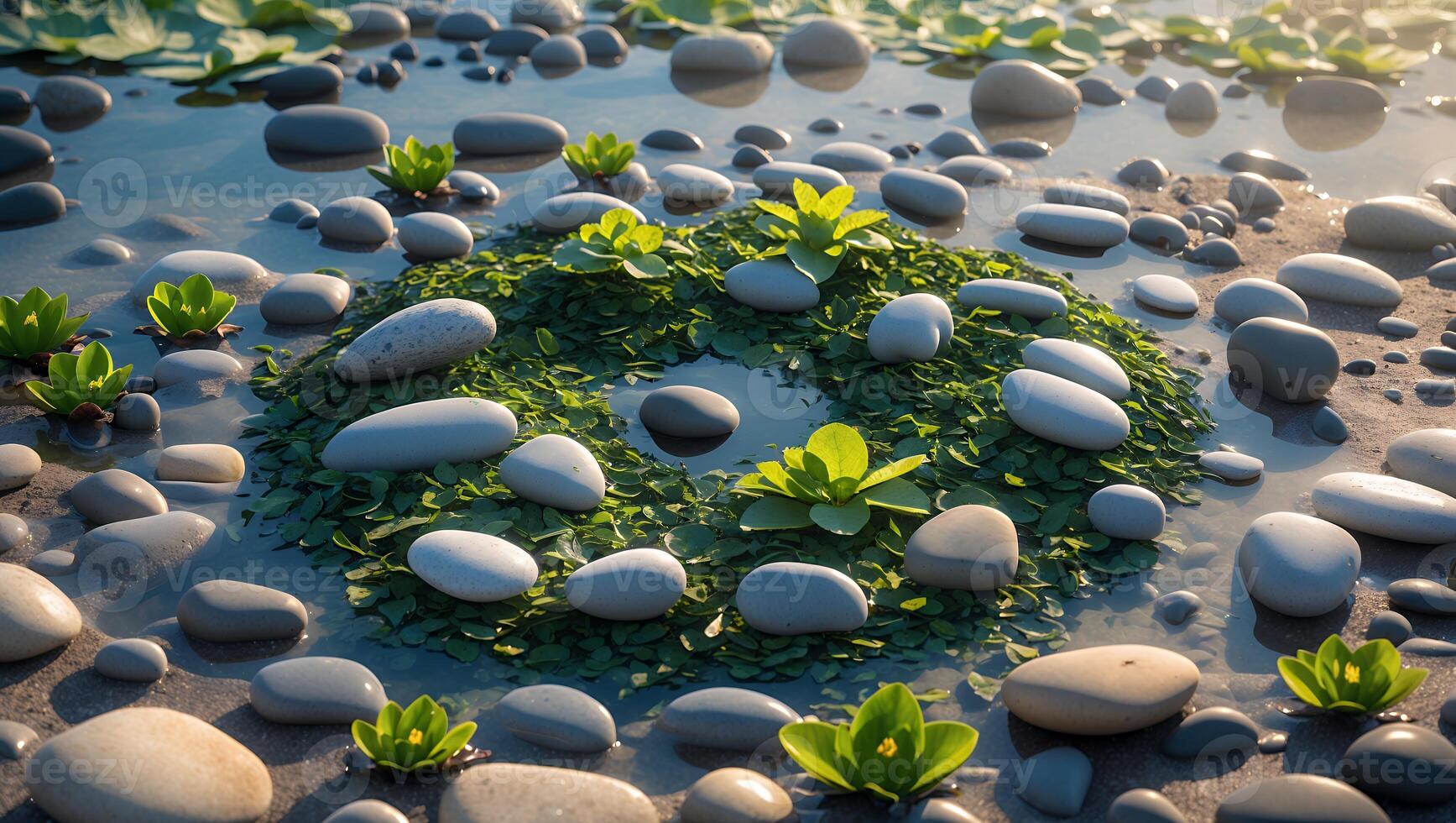 Pebbles and Greenery in Shallow Water Creating a Zen Garden Scene photo