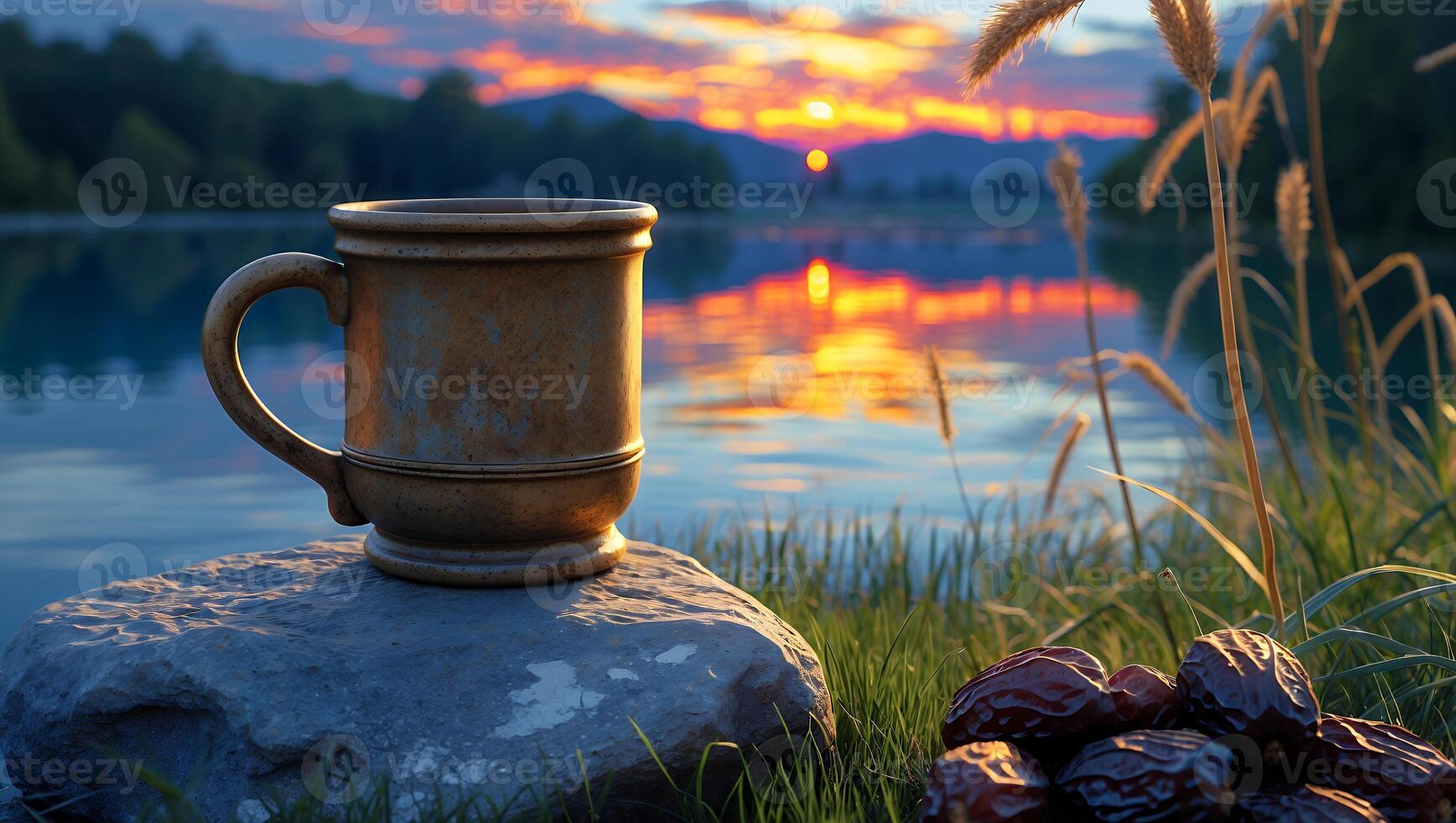 Rustic Mug and Dates by Calm Lake at Sunset with Reflections photo