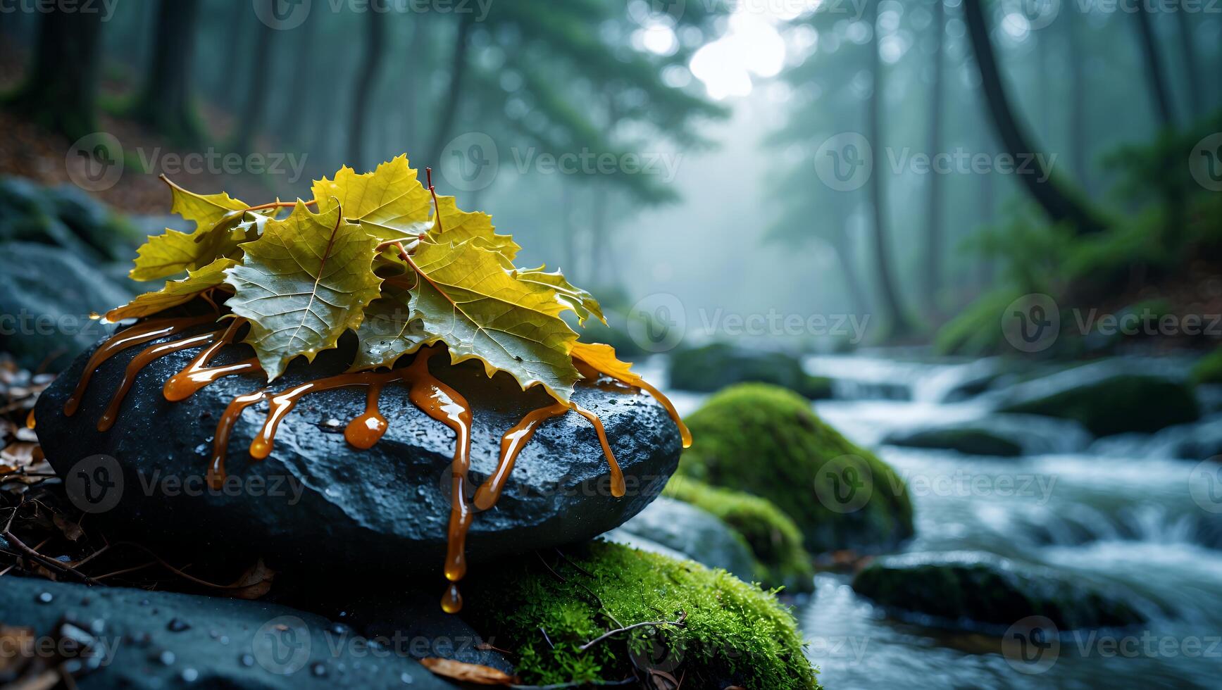River Rock Adorned with Autumn Leaves and Dripping Caramel photo
