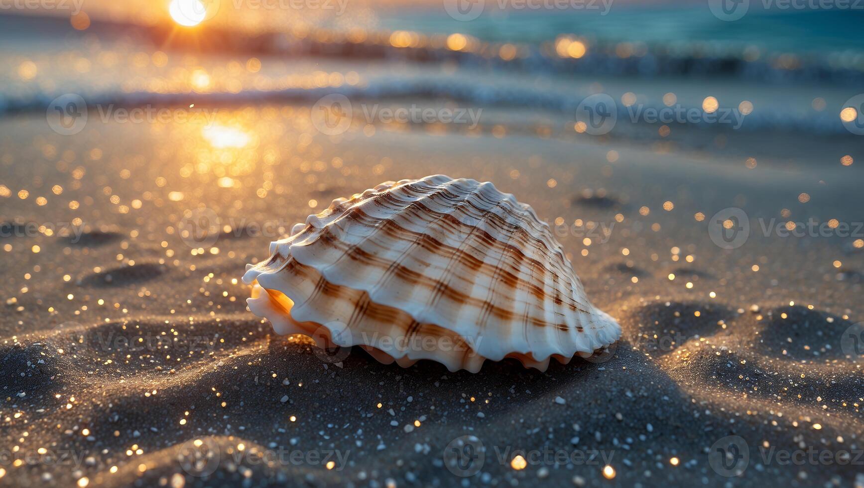 Seashell on Sand Beach at Sunset with Sparkling Water photo