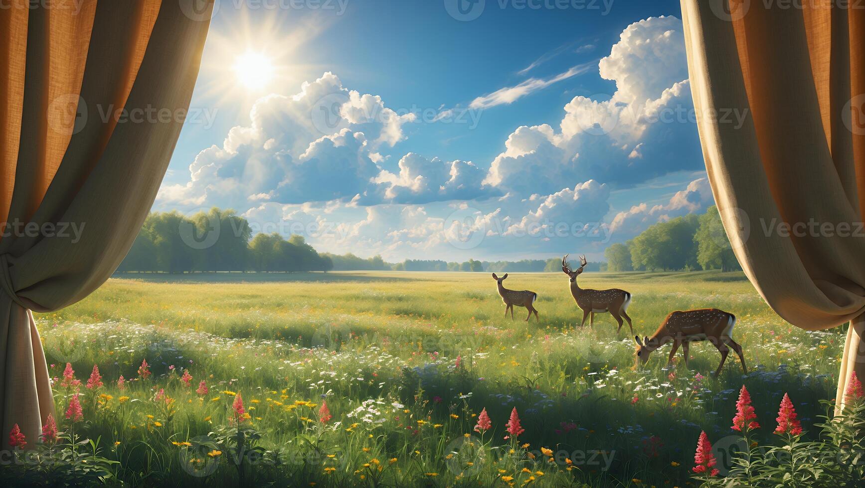 Deer Grazing in Meadow Seen Through Window with Sunlight and Clouds photo