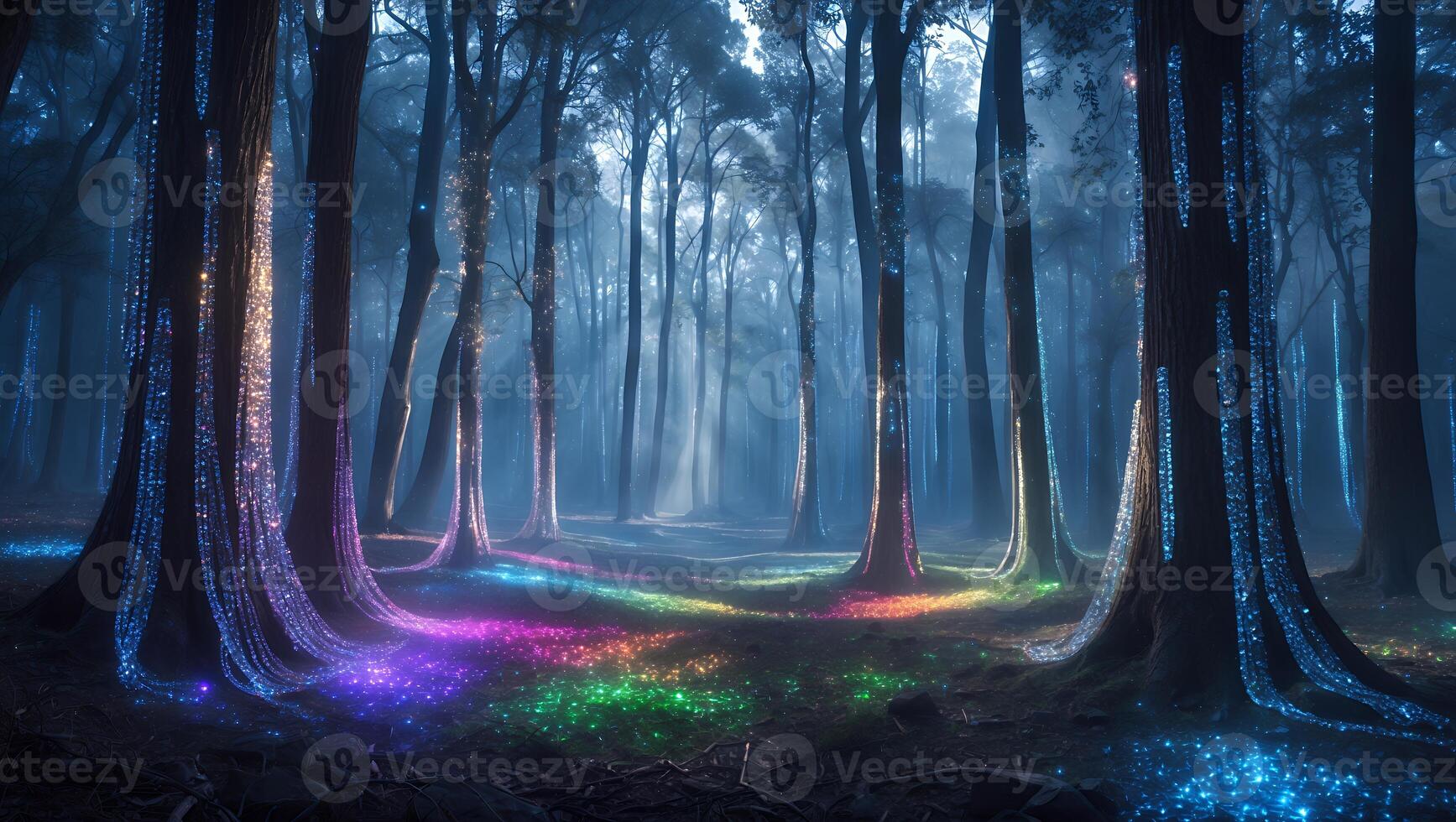 Enchanting Forest with Colorful Light Streaks and Ethereal Glow photo