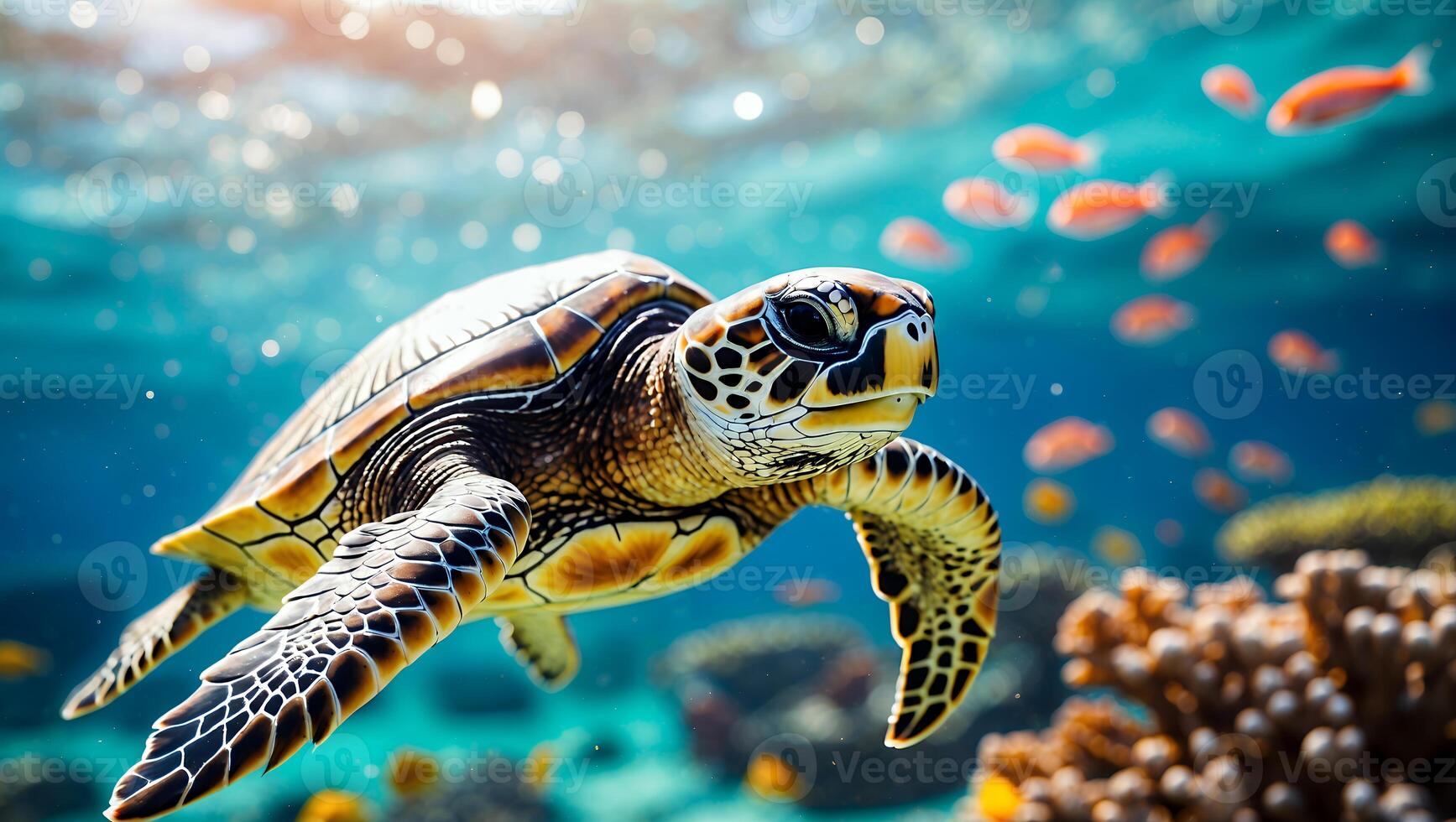 Sea Turtle Swimming in Ocean with Coral and Small Fish photo