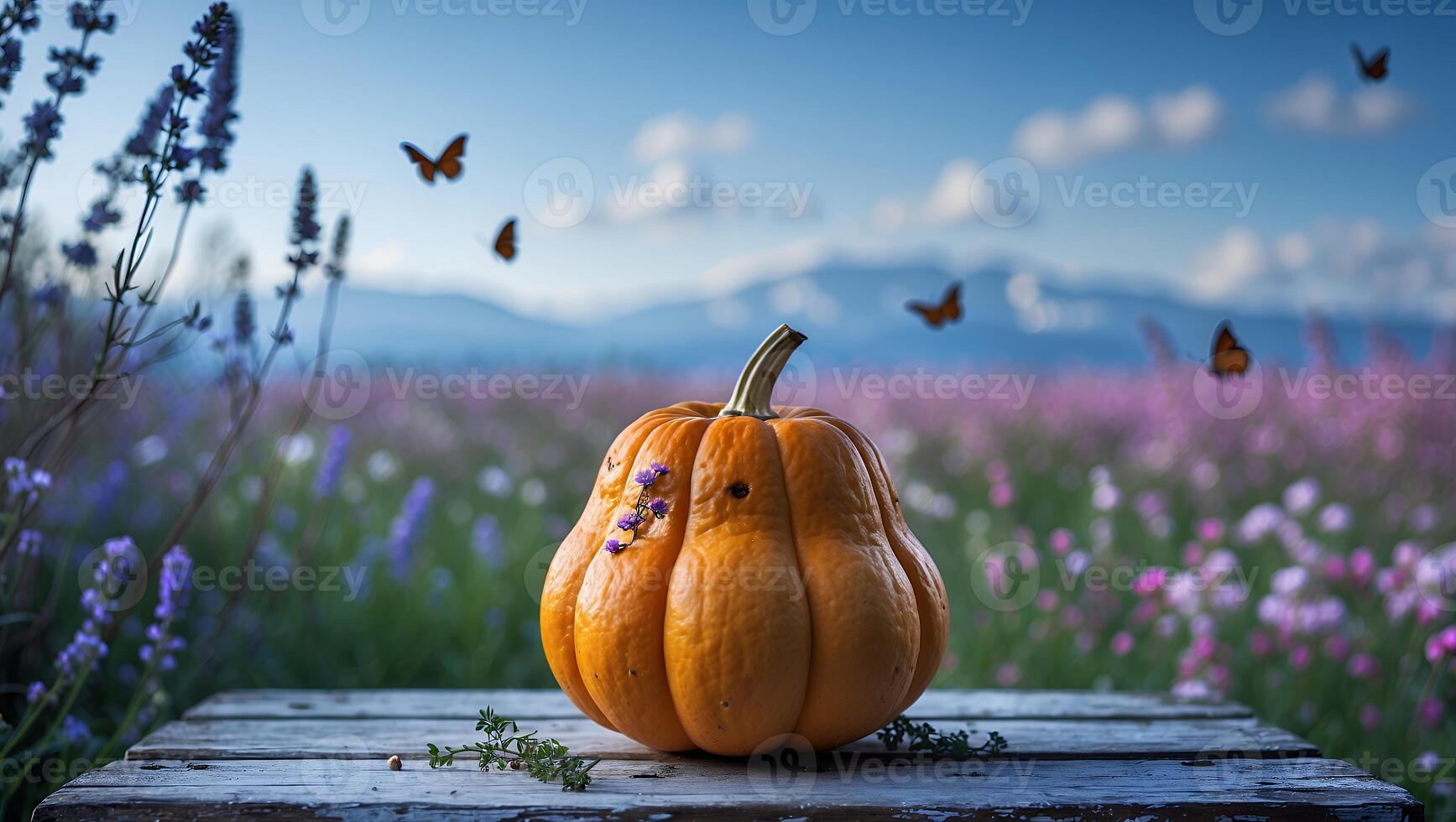 Pumpkin Displayed on Wooden Surface in a Lavender and Butterfly Field photo