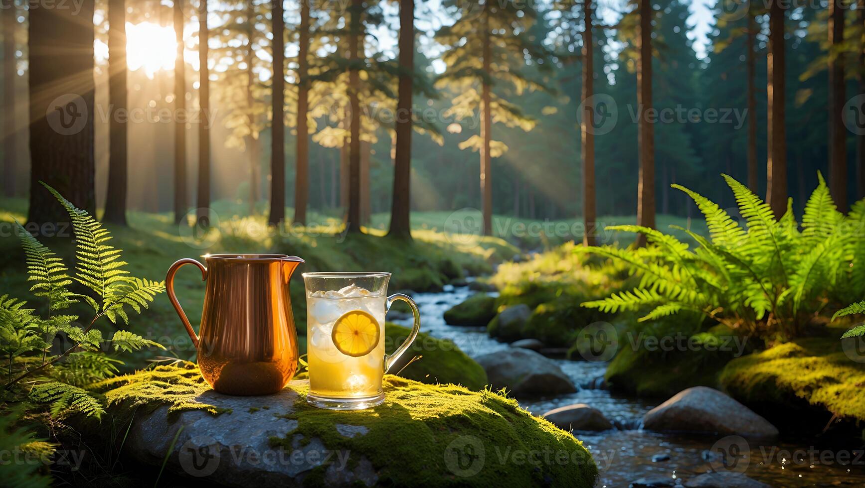Lemonade on Mossy Rock in Forest with Bright Sunlight Filtering Through photo