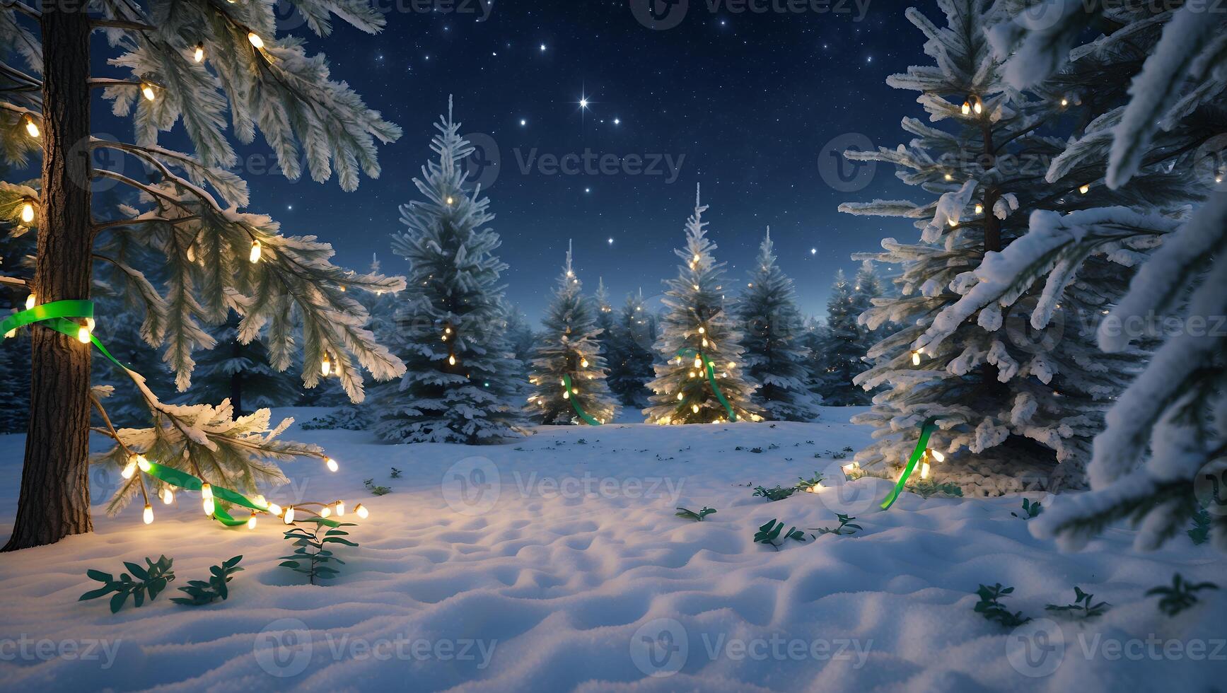 Snowy Winter Forest Scene with Decorated Trees Under Starry Sky photo