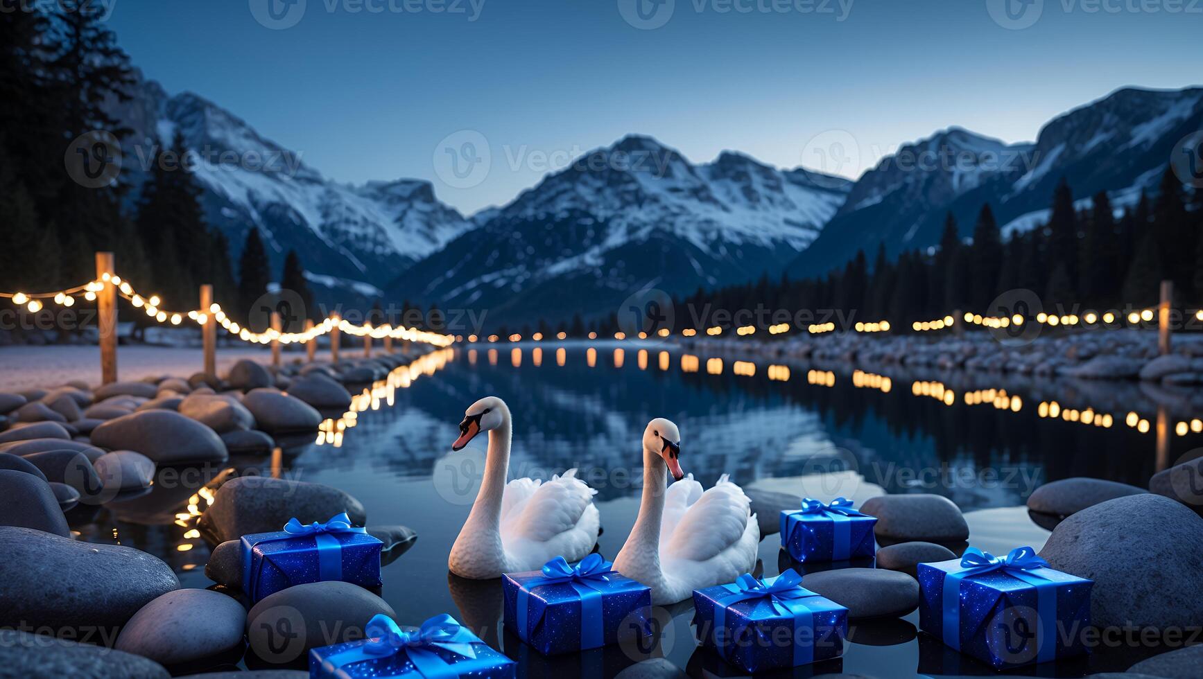 Swans and Wrapped Gifts Floating on a Calm Lake at Twilight photo
