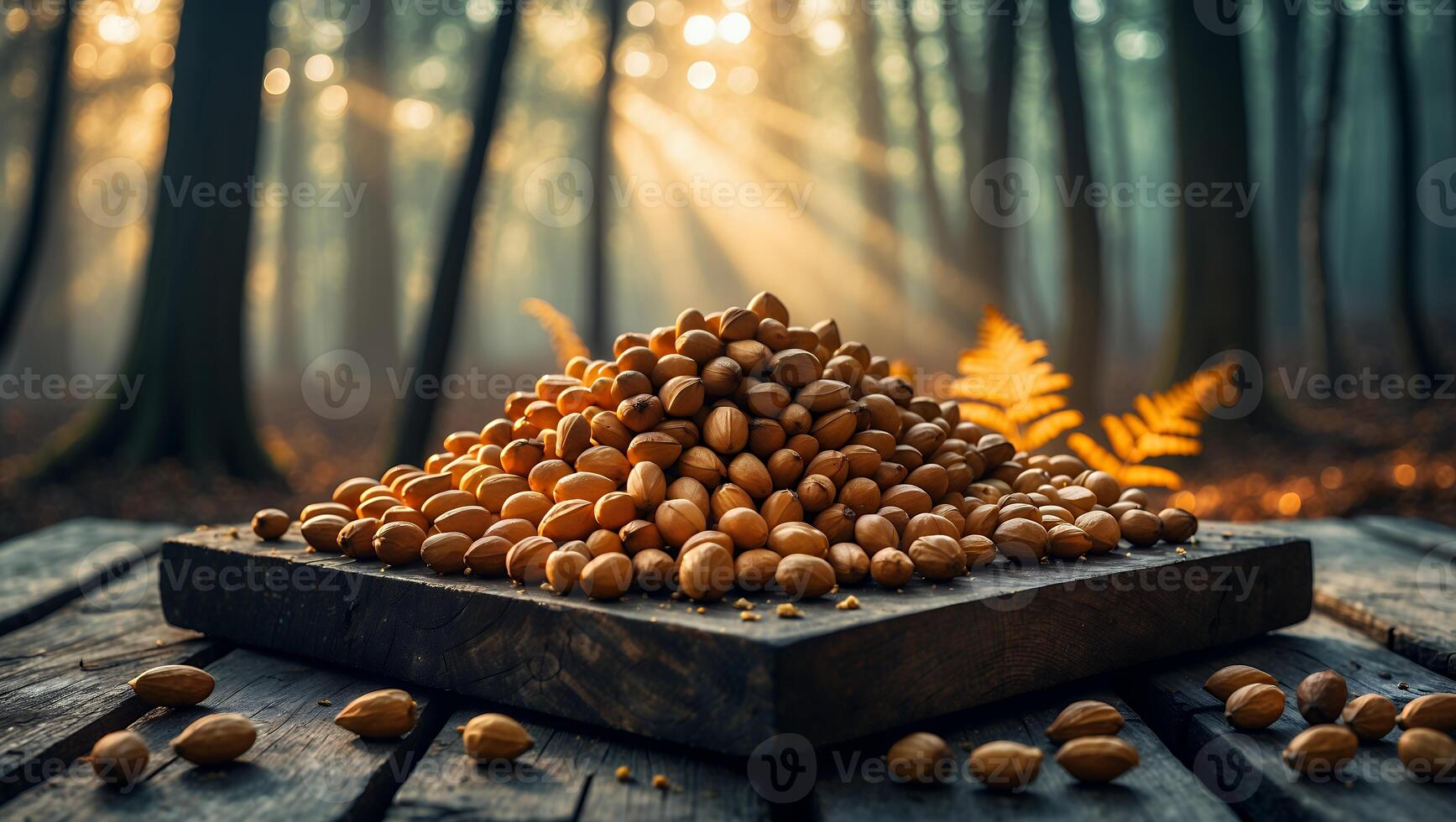 Pile of Almonds on Wooden Board in Forest with Sunlight photo