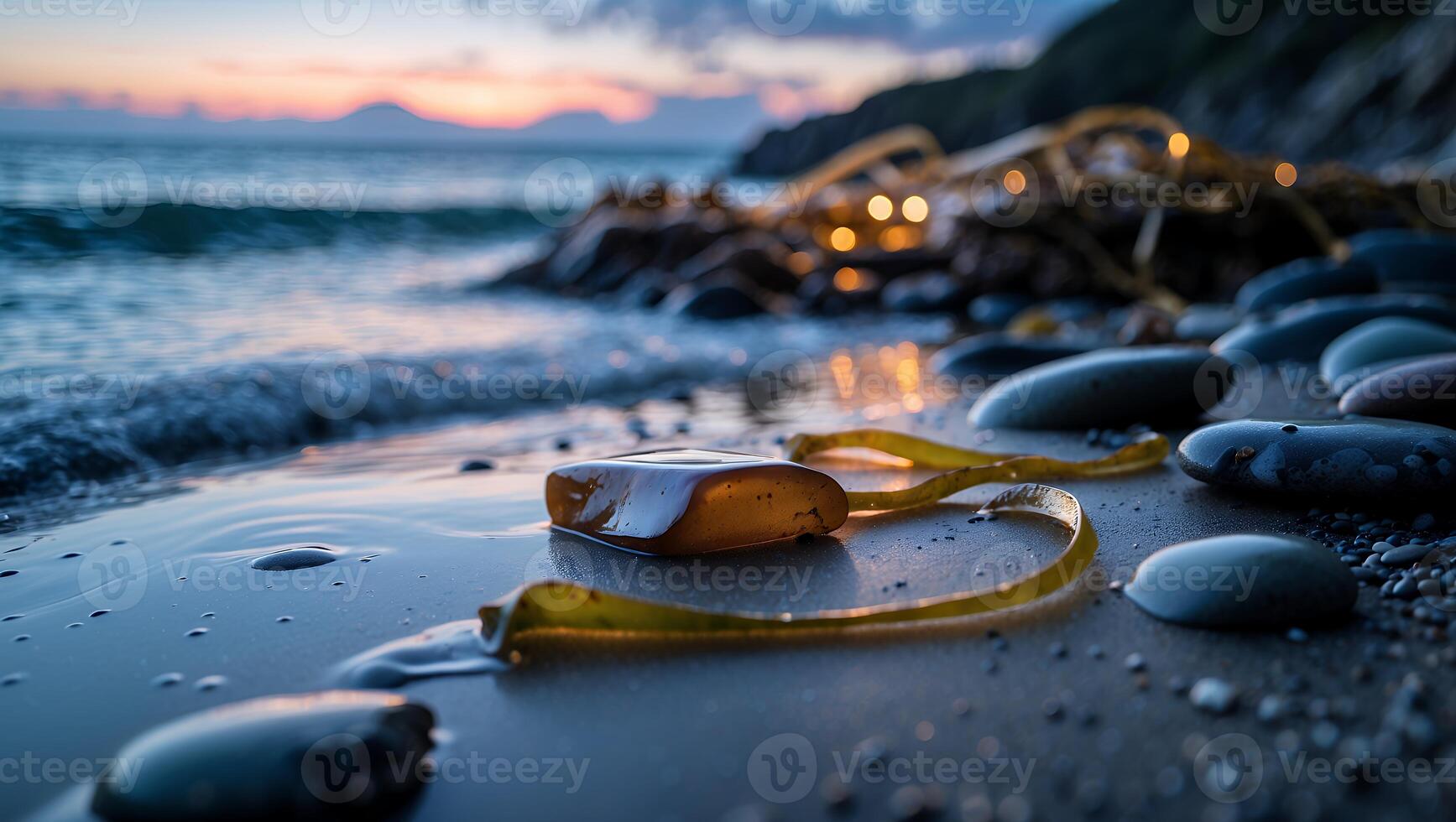 Amber and Seaweed on Sandy Beach with Waves at Sunset photo