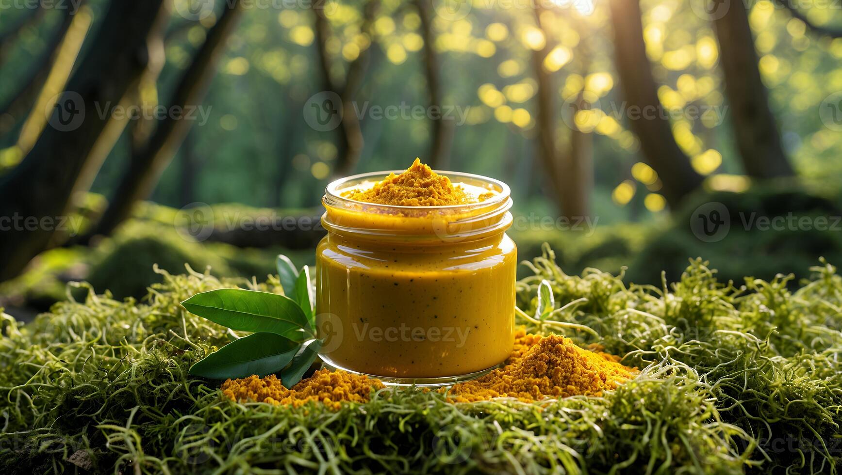 Jar of Yellow Paste with Green Leaves in Forest Setting photo