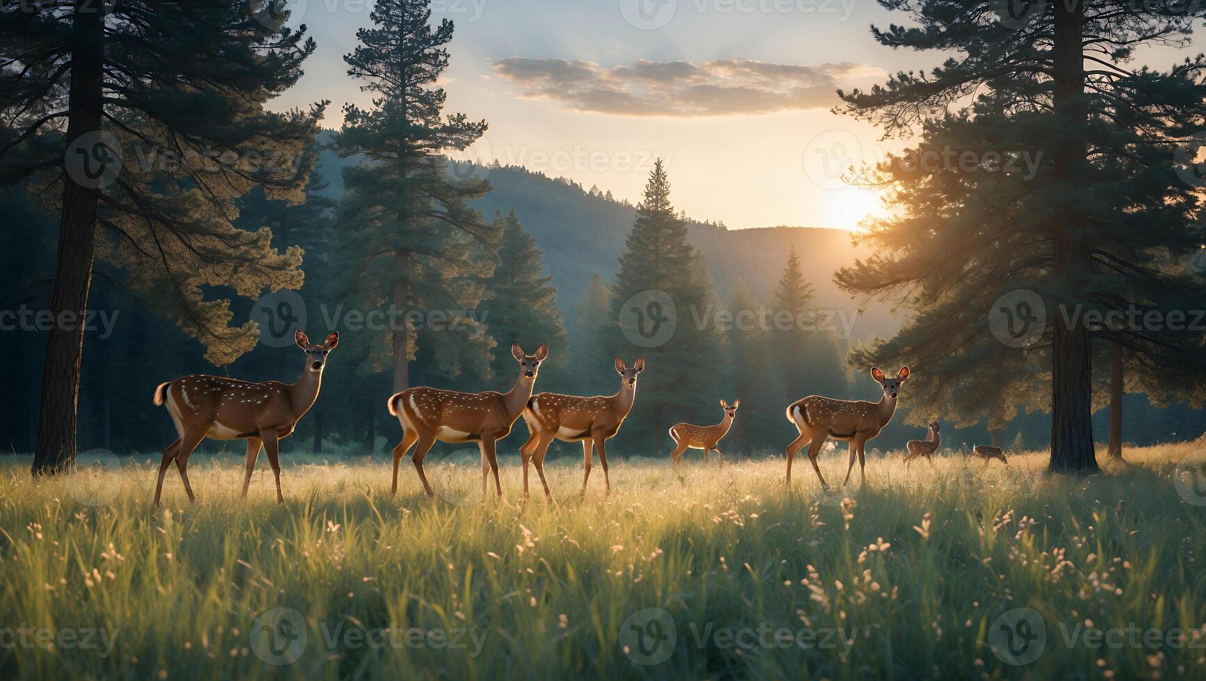 Deer Grazing in Meadow at Sunset with Forest Background Scene photo