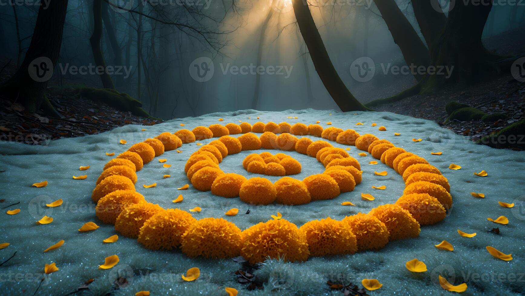 Arranging Yellow Flowers in Spiral Pattern on Ground in Misty Forest photo