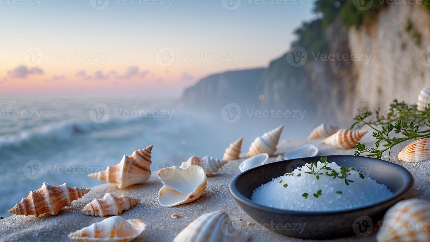 Sea Salt in Bowl with Seashells on Beach at Sunset photo
