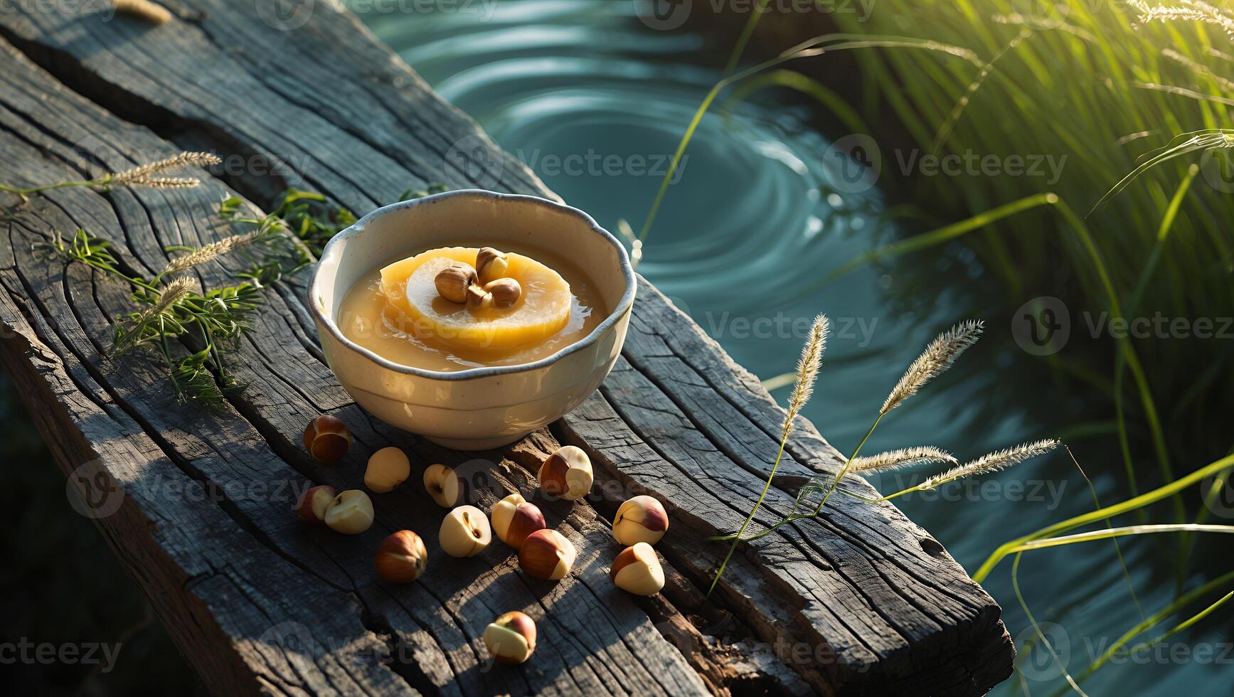 Bowl of Dessert with Hazelnuts on Wooden Plank Near Water photo