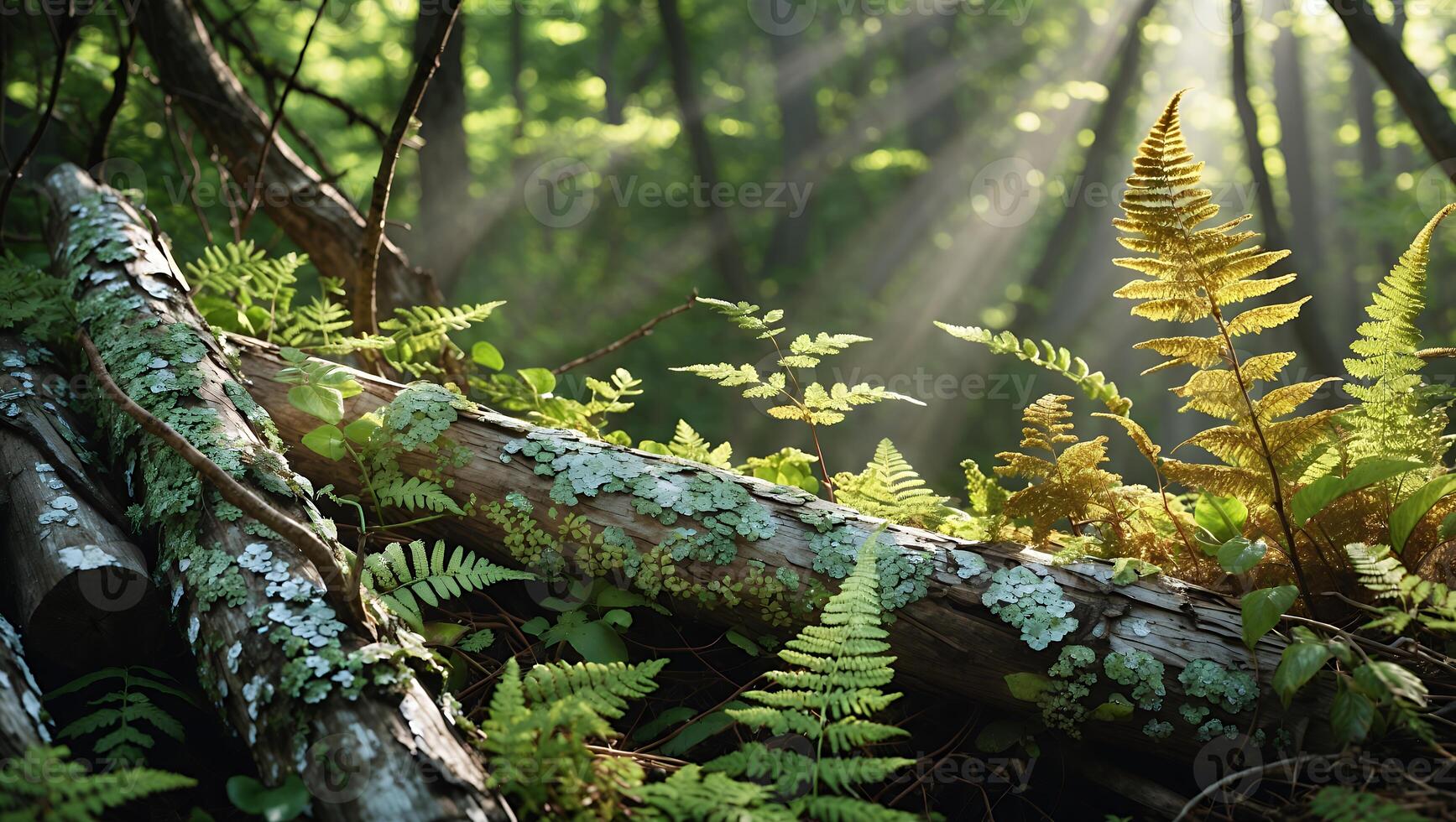 Fallen Log Covered in Moss with Ferns in a Sunlit Forest photo