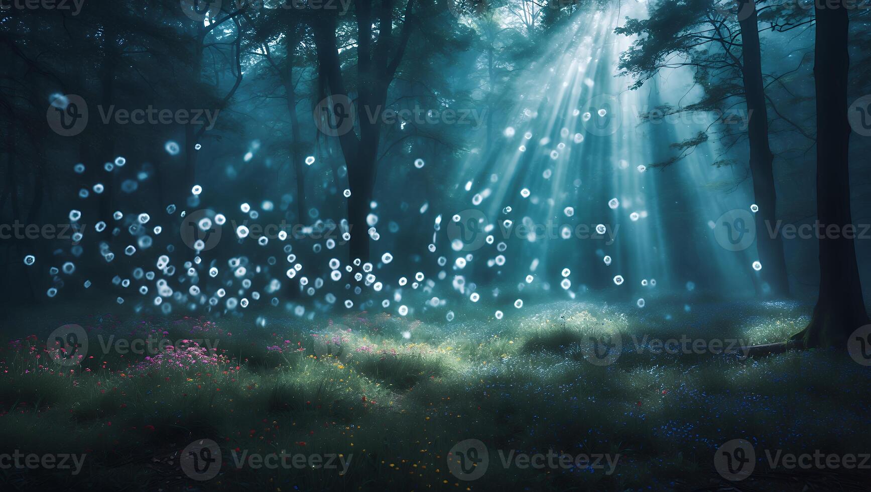 Sunlight Through Forest with Floating Spheres and Wildflower Meadow photo