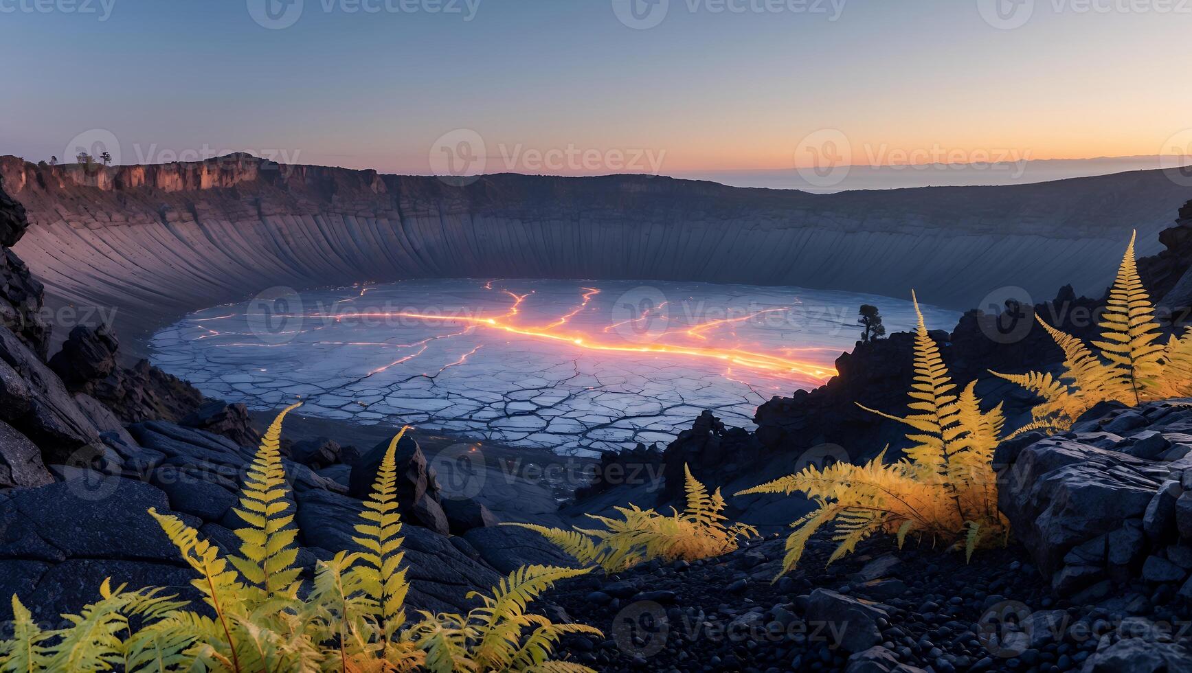 Volcanic Crater Lake at Sunset with Yellow Ferns and Rocky Terrain photo