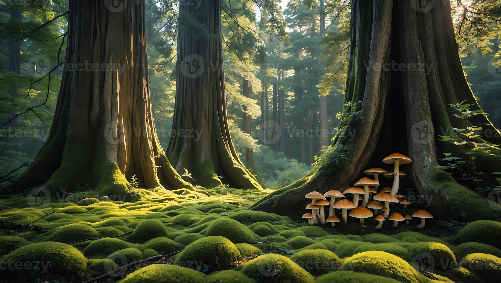 Exploring a Forest with Towering Trees and Vibrant Moss Patches photo