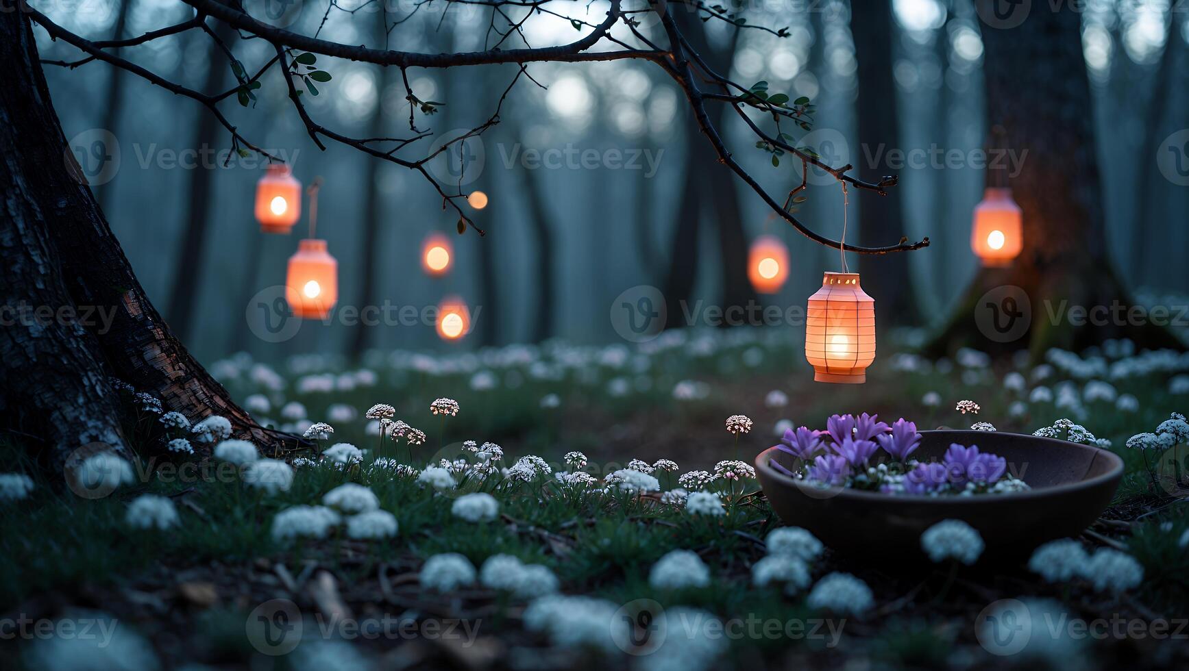 Illuminated Lanterns Hanging in Forest with Flowers and Bowl photo