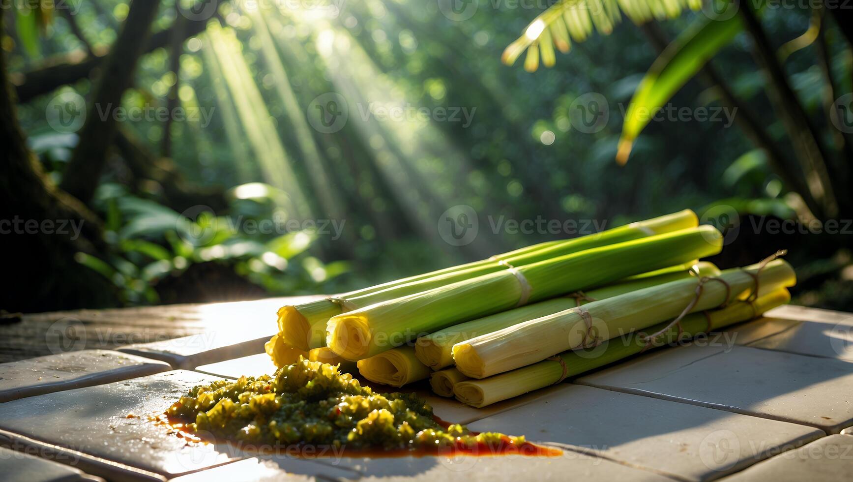 Lemongrass Stalks and Pesto with Forest Backdrop in Bright Sunlight photo