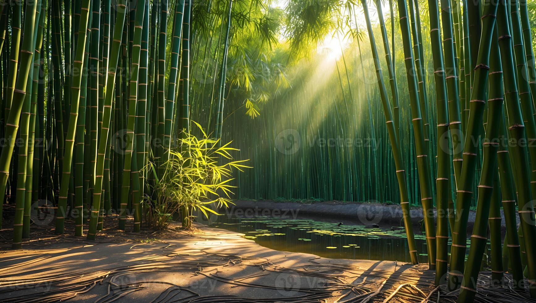 Sunlight Streaming Through Bamboo Forest with Pond and Natural Lighting photo