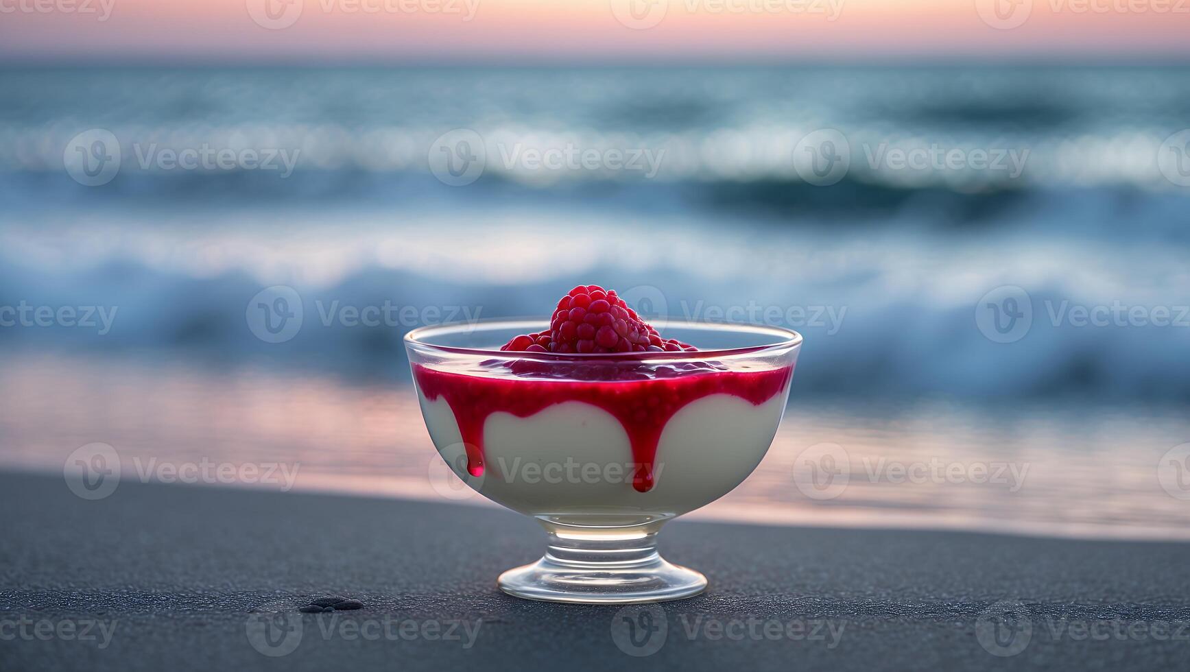 Dessert with Raspberry Drizzle on Beach with Ocean Wave Background photo