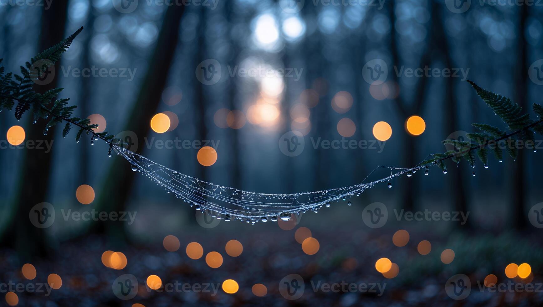 Spiderweb Covered in Dewdrops Hanging in a Mysterious Dark Forest photo