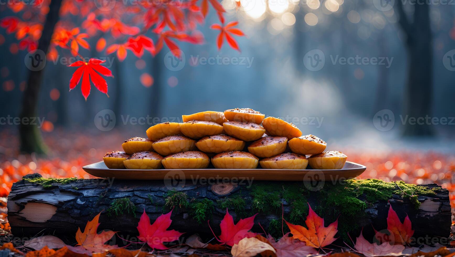 Stacked Cakes on Log with Autumn Leaves in Forest Scenery photo