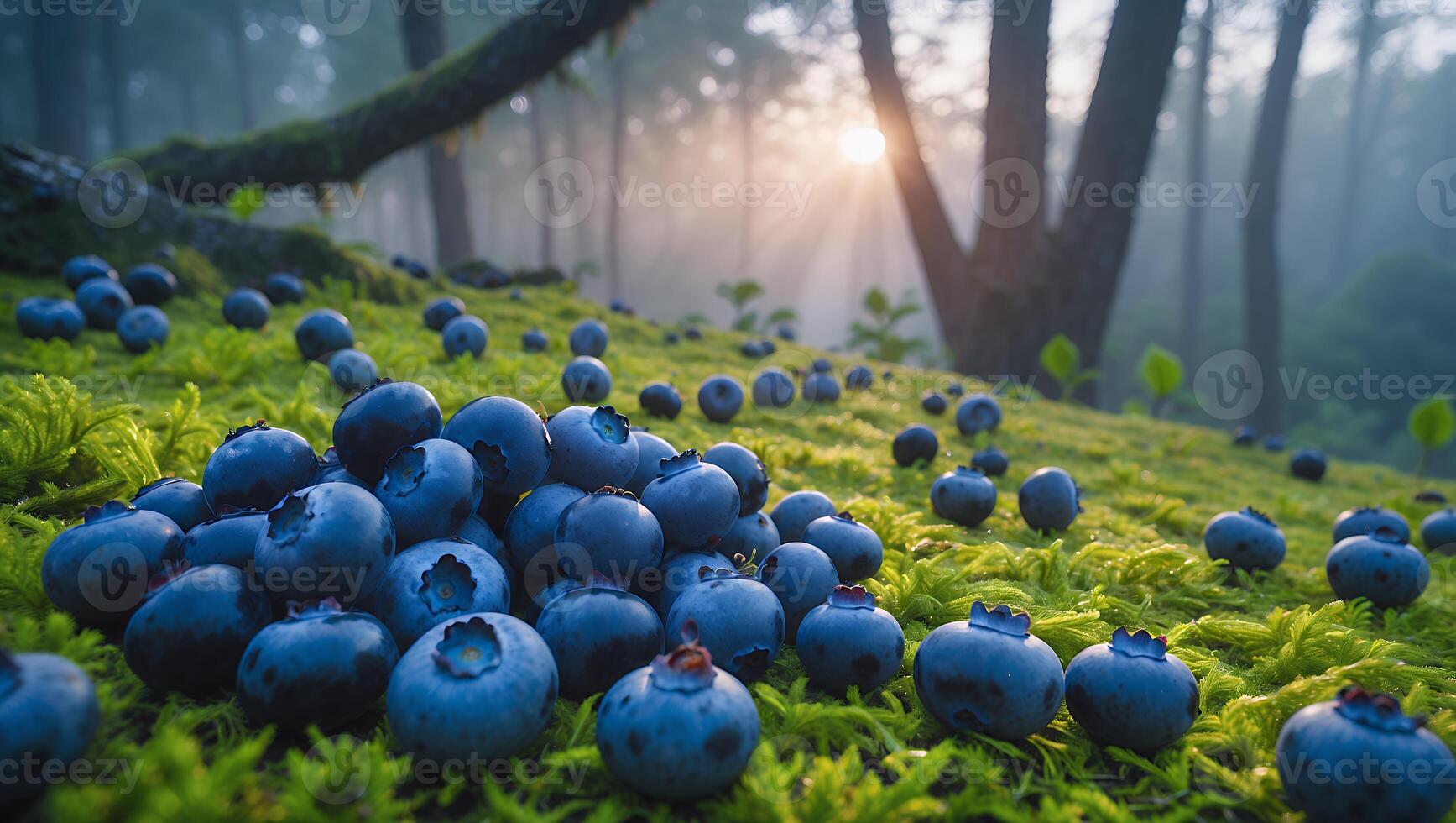 Blueberries Scattered on Mossy Ground with Forest Sunlight in Background photo