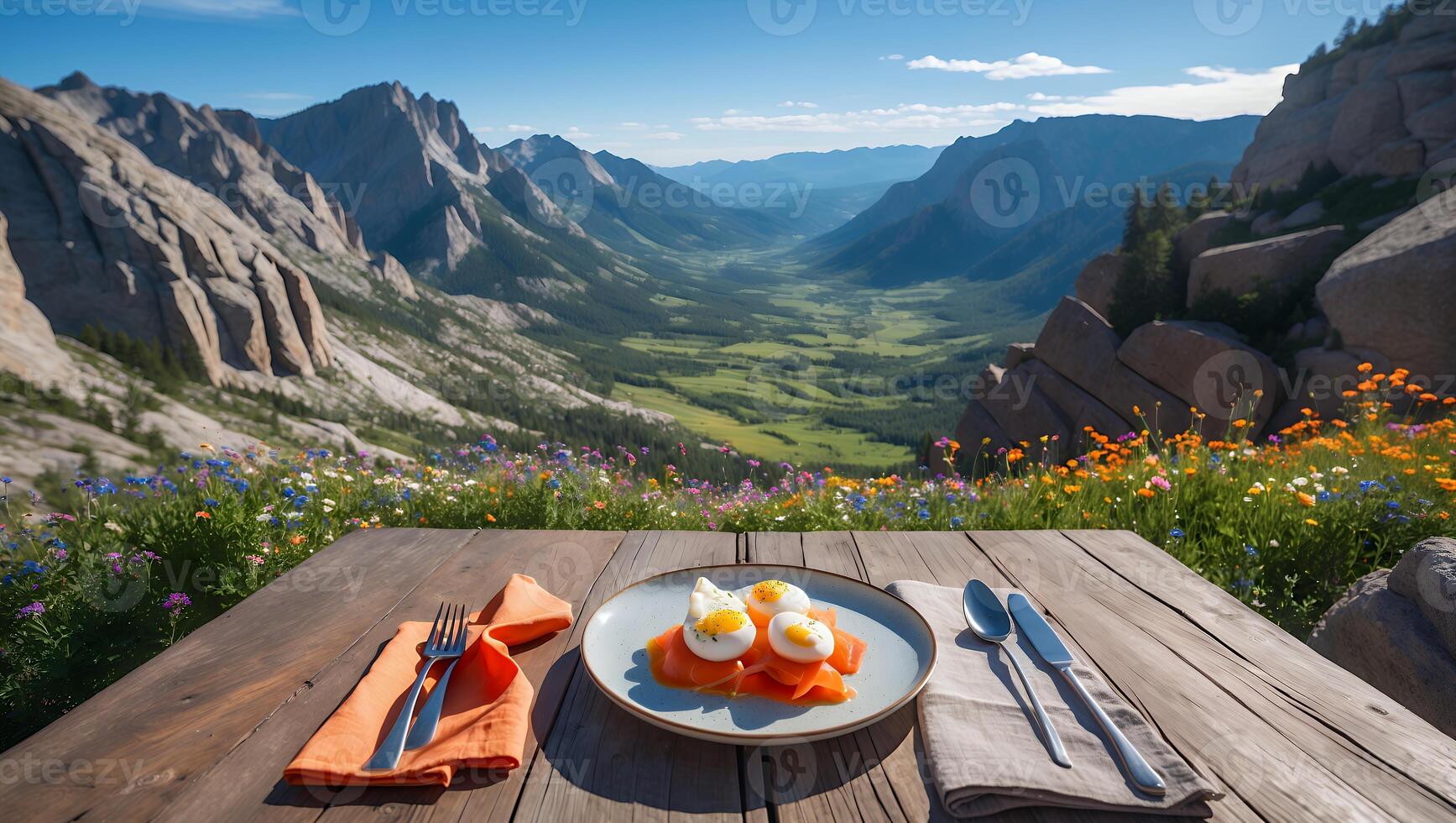 Outdoor Dining with Eggs and Salmon Overlooking a Mountain Valley photo