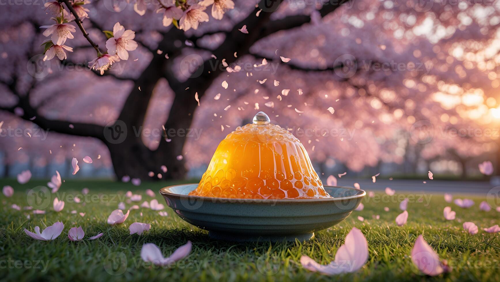 Gelatin Dessert on Plate in Garden with Falling Flower Petals photo