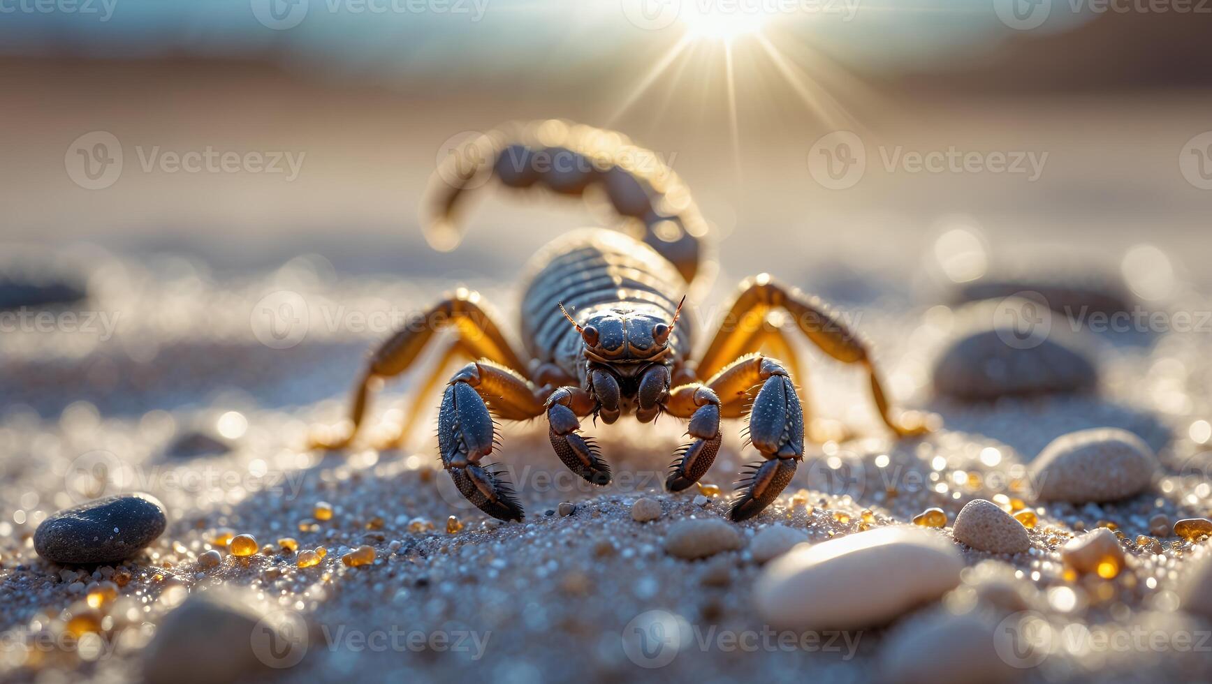 Scorpion Close Up on Sand with Sun Flare in Background photo