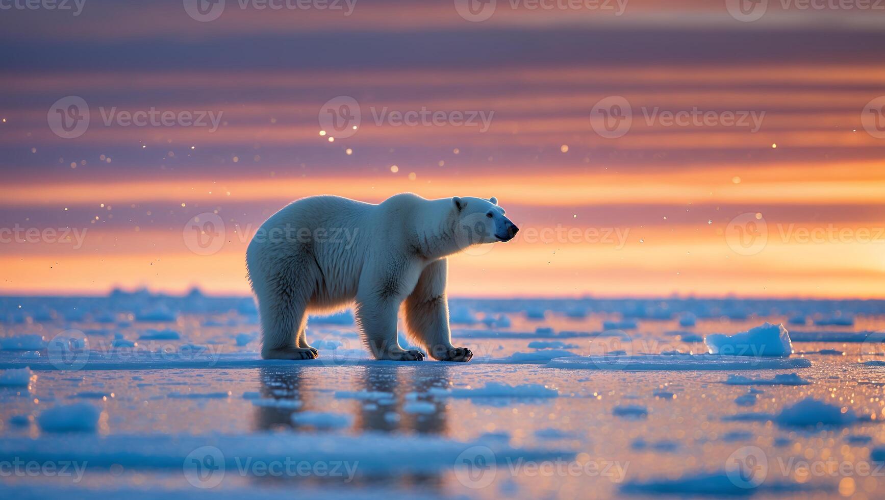 Polar Bear Walking on Ice with Dramatic Sunset Sky Reflection photo