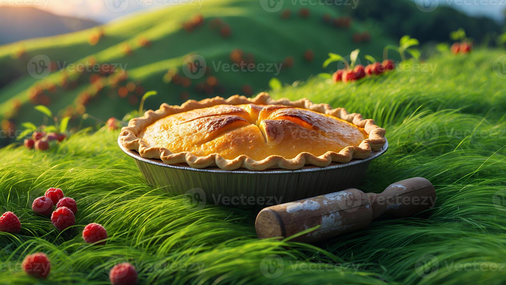Homemade Pie on Green Field with Fruit Tree Background photo