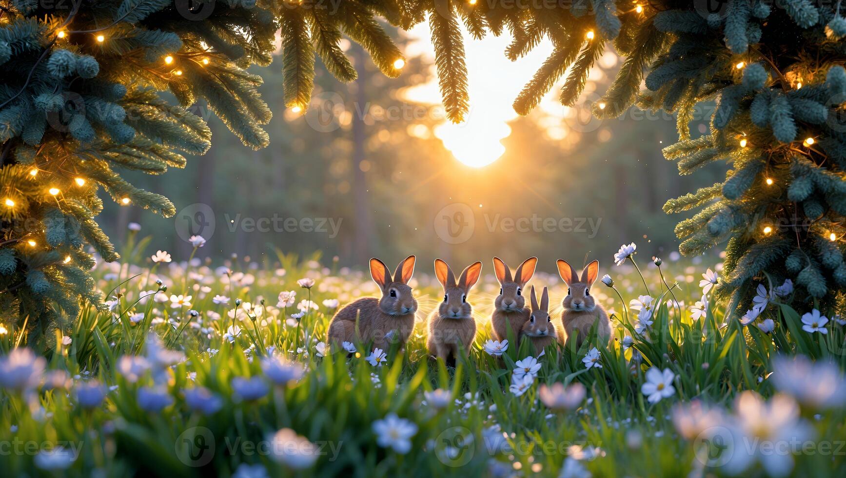 Rabbits in Meadow with Flowers and Lights at Sunset photo