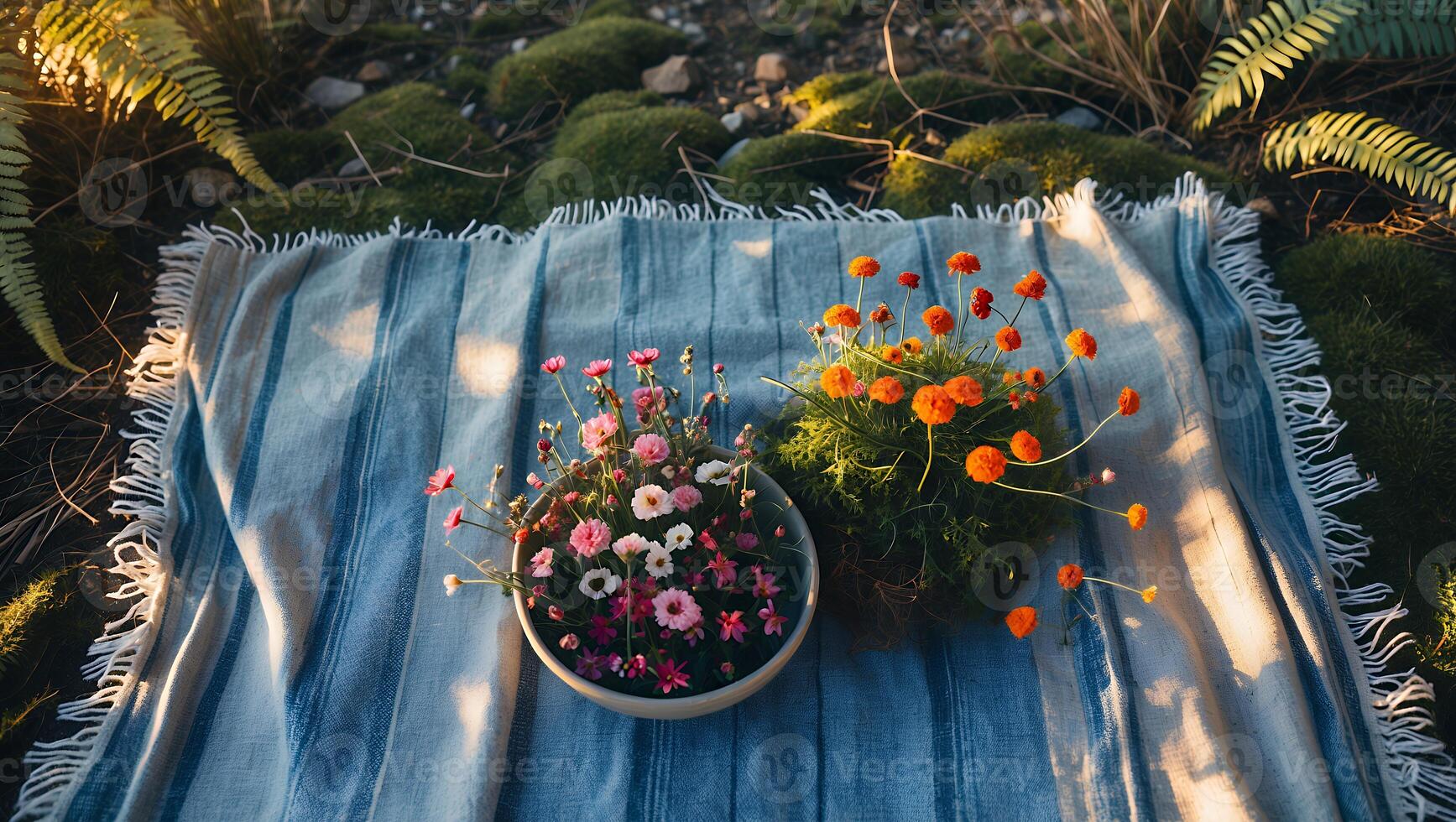 Flowers Arranged on Striped Blanket Outdoors Surrounded by Ferns and Moss photo