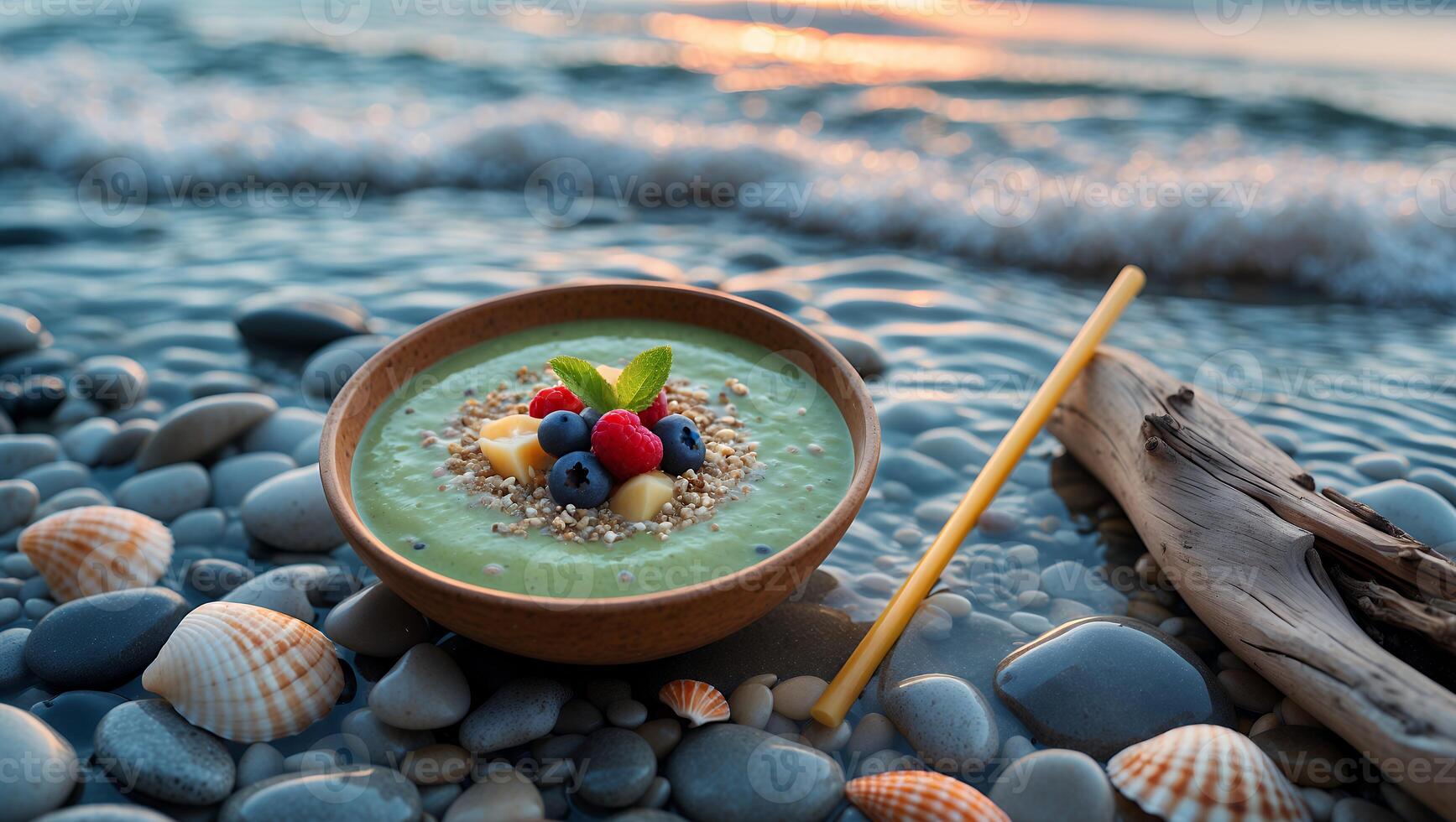 Eating Smoothie Bowl with Fresh Fruit by the Beach at Sunset photo