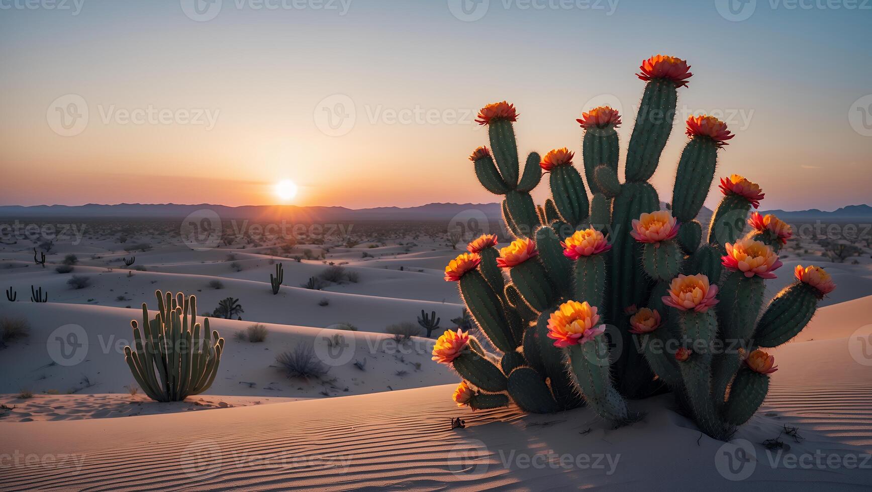 Flowering Cactus in Desert Landscape at Sunset with Soft Light photo