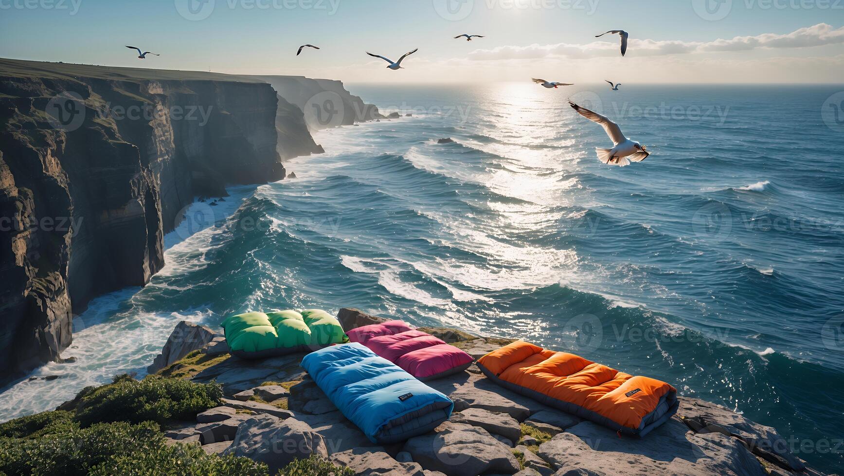 Sleeping Bags on Cliff Overlooking Ocean with Birds and Waves photo