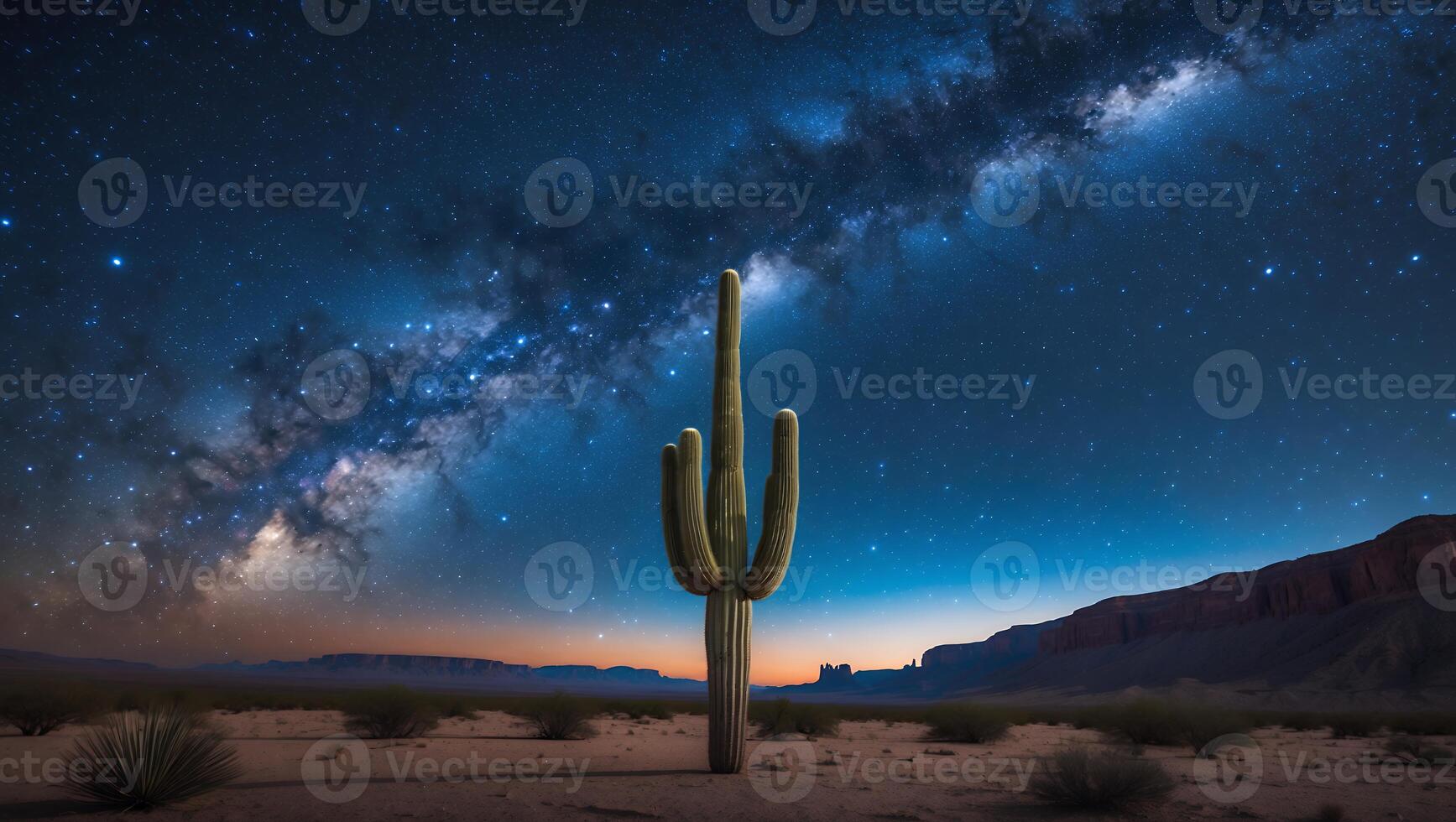 Cactus Under the Milky Way Galaxy in Desert Landscape at Night photo