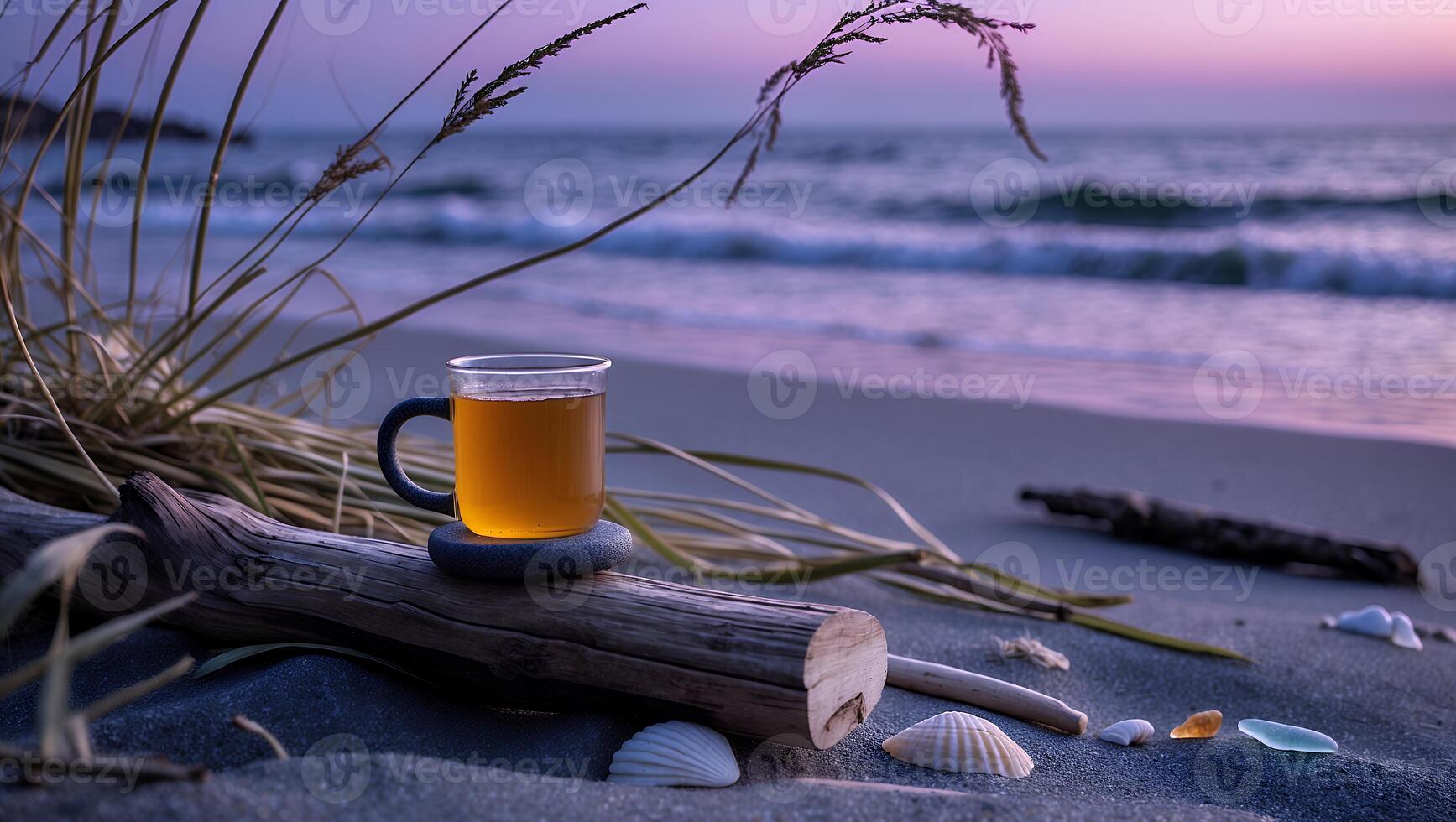 Enjoying Warm Beverage by the Ocean at Twilight with Calm Waves photo
