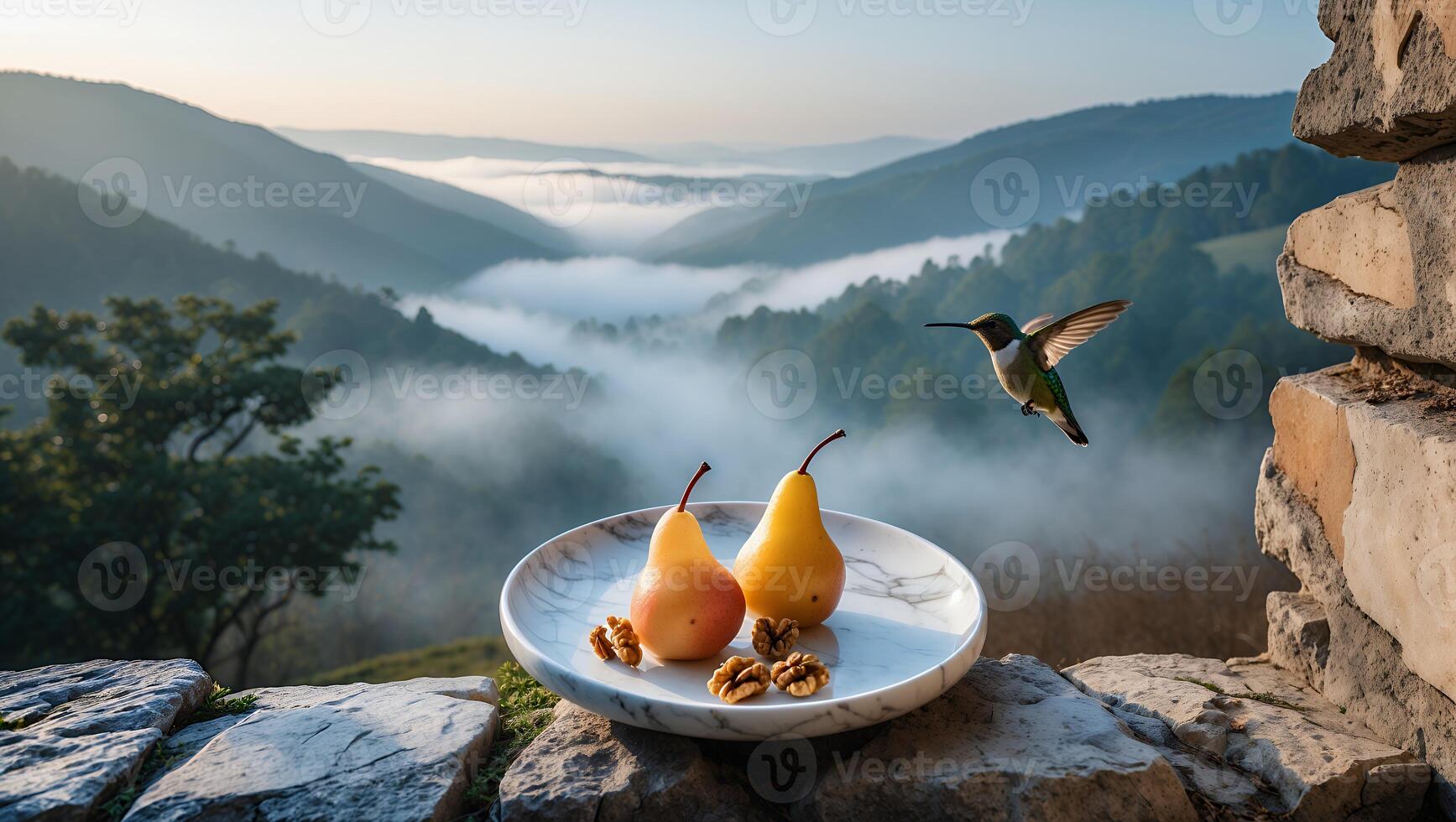 Pears and Walnuts with Hummingbird Overlooking Mountain View photo