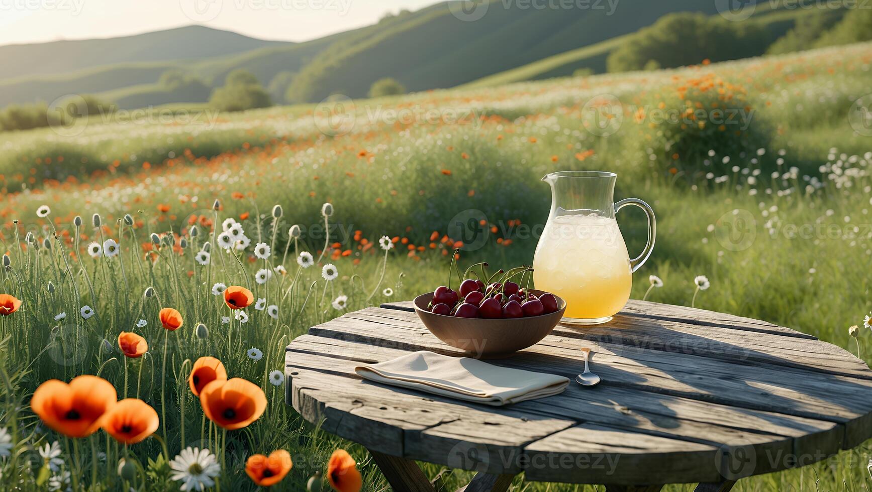 Lemonade and Cherries on Table with Meadow Flowers Background photo