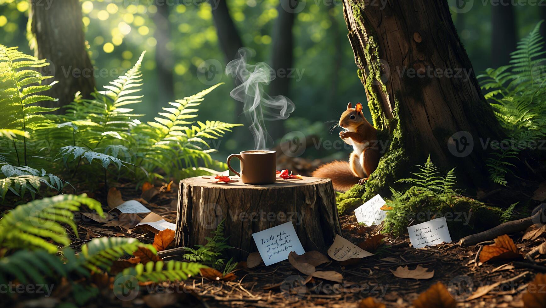 Hot Cup in Forest Glade with Squirrel and Fallen Leaves photo