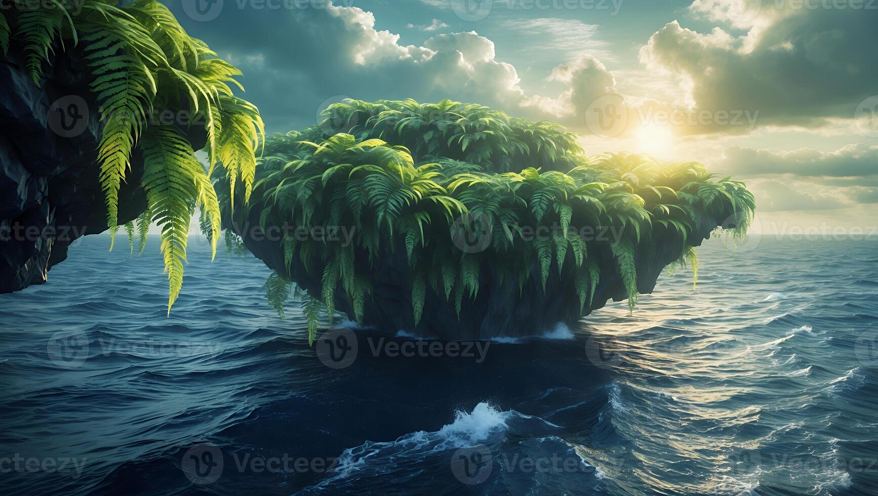 Floating Island in Ocean with Tropical Plants and Sunlight Breaking Through photo