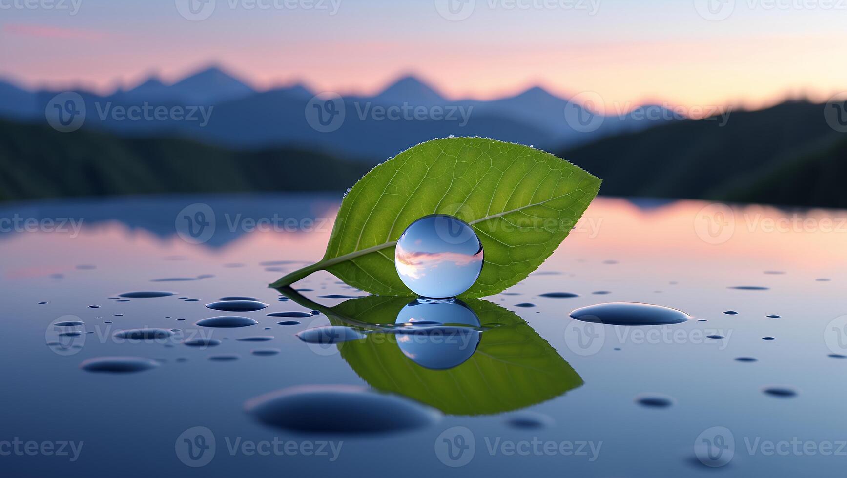 Water Droplets and Leaf with Reflection of Mountains at Sunset photo